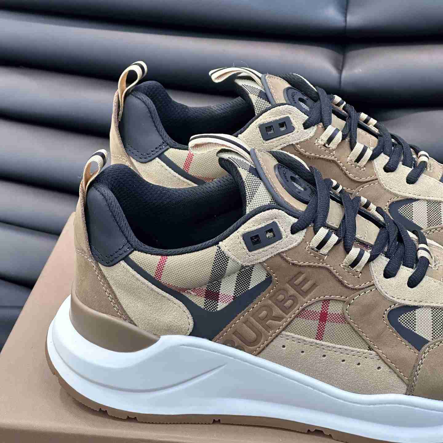 Burberry Beige Leather And Check Print Trainer - DesignerGu