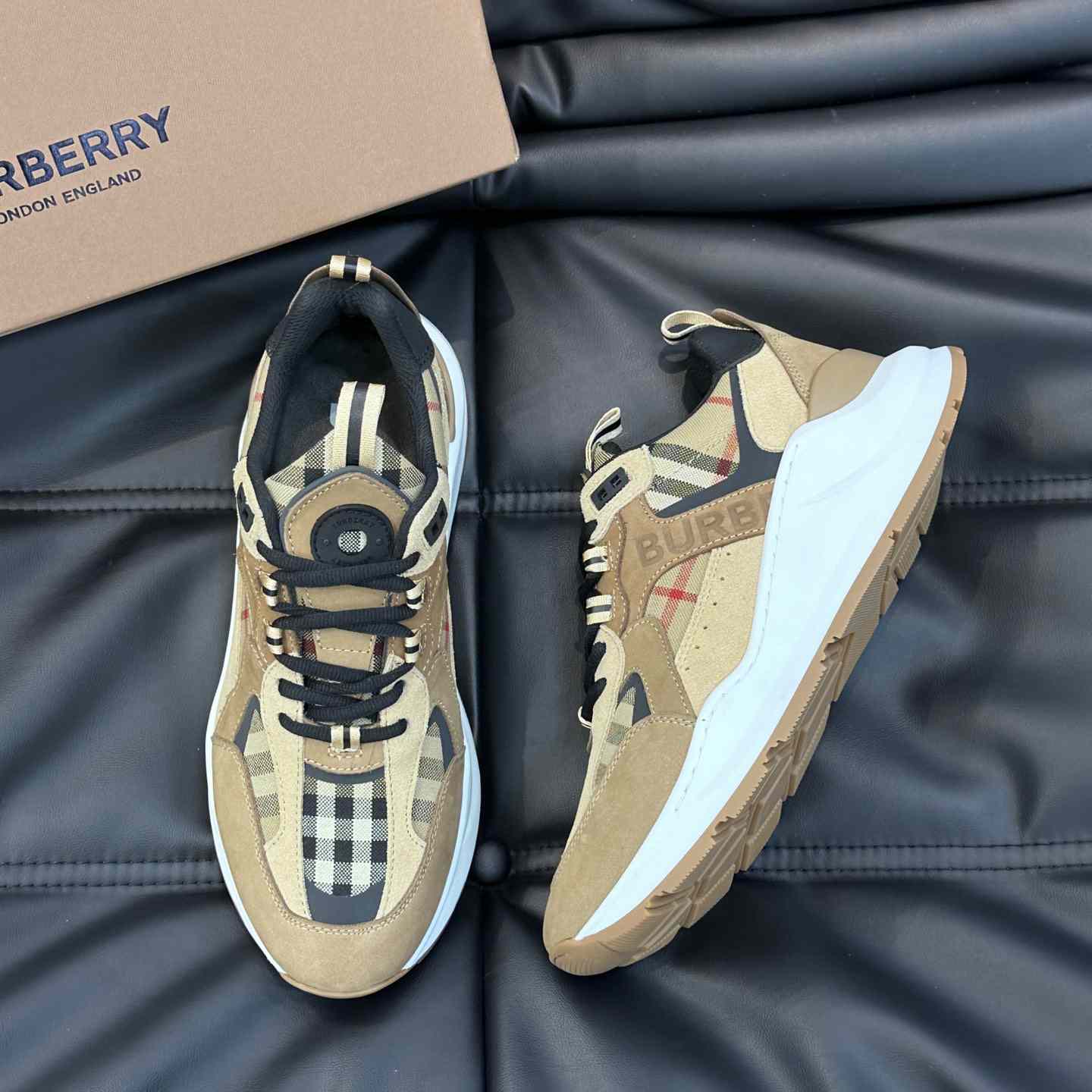 Burberry Beige Leather And Check Print Trainer - DesignerGu