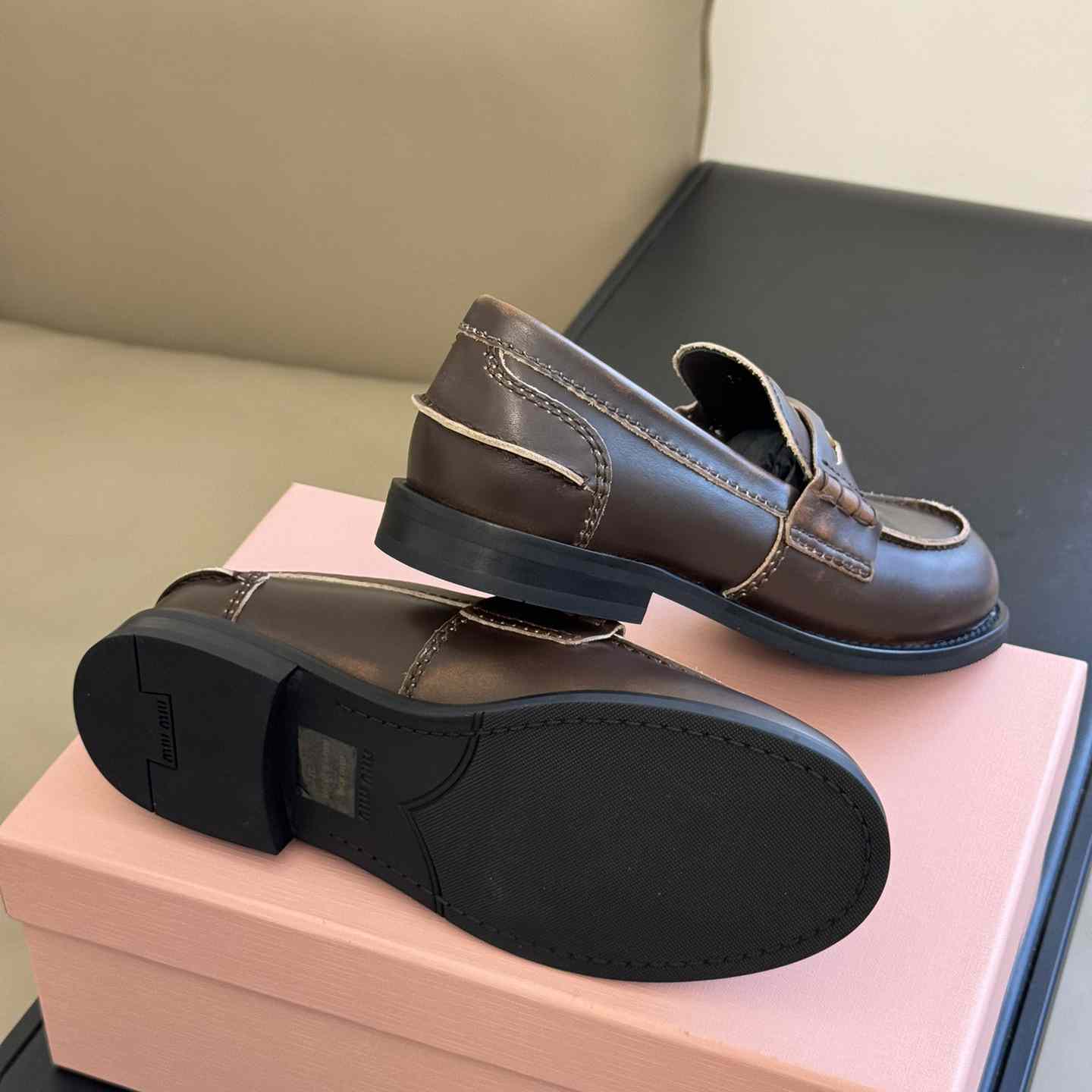 Miu Miu Vintage-effect Leather Penny Loafers - DesignerGu