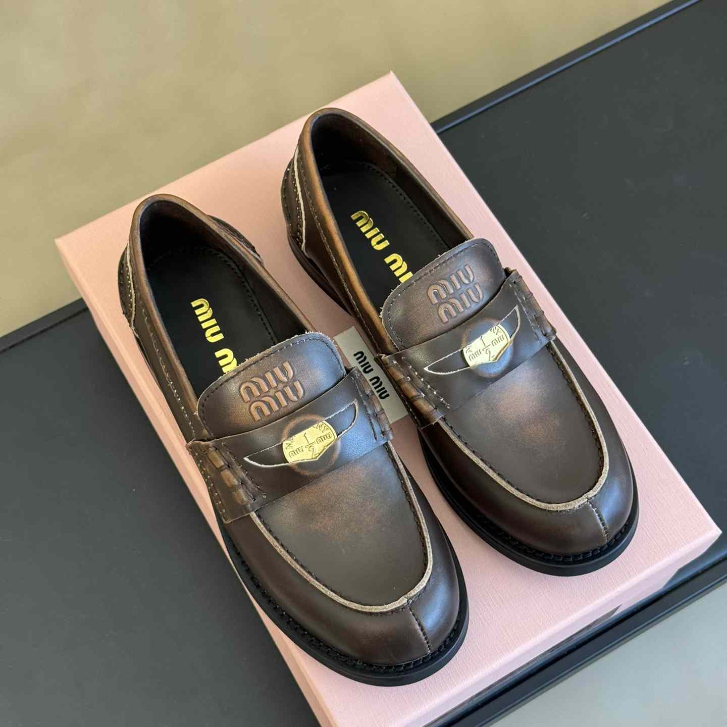 Miu Miu Vintage-effect Leather Penny Loafers - DesignerGu