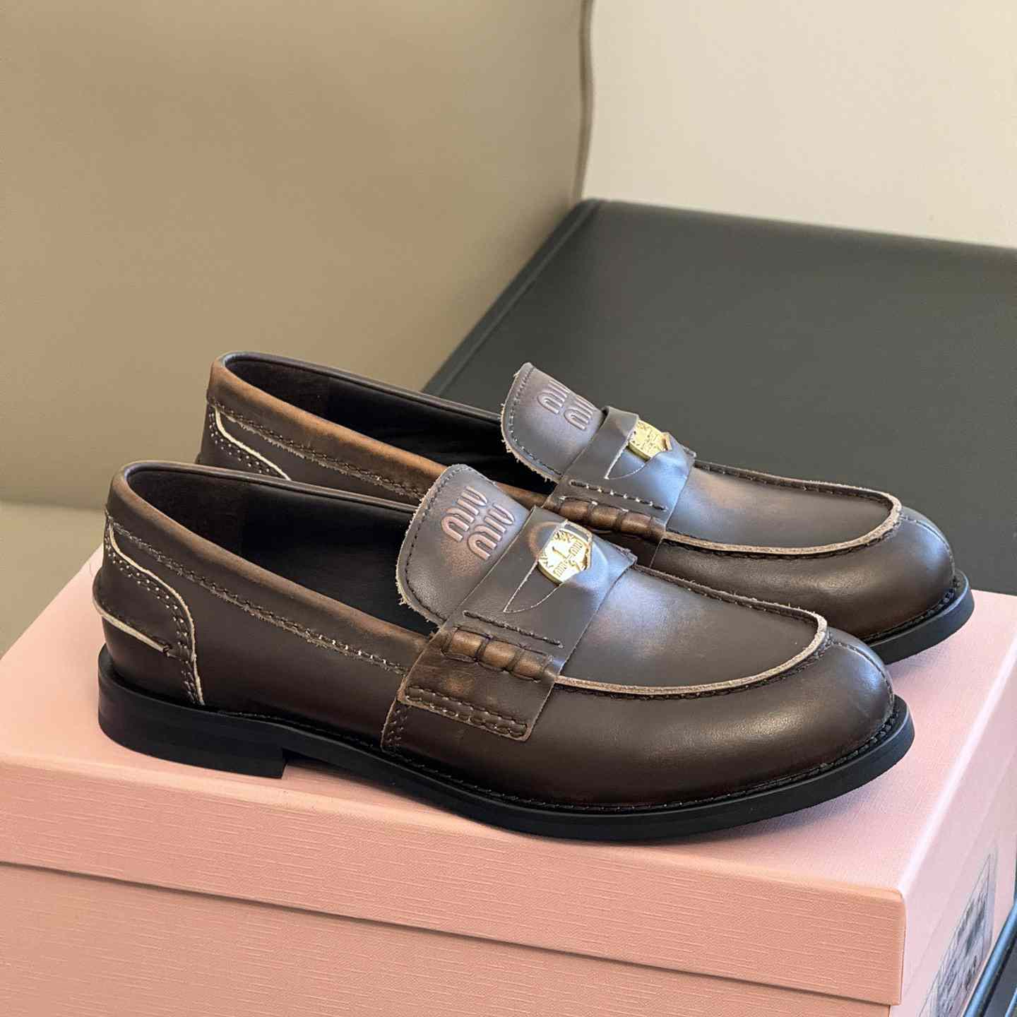 Miu Miu Vintage-effect Leather Penny Loafers - DesignerGu