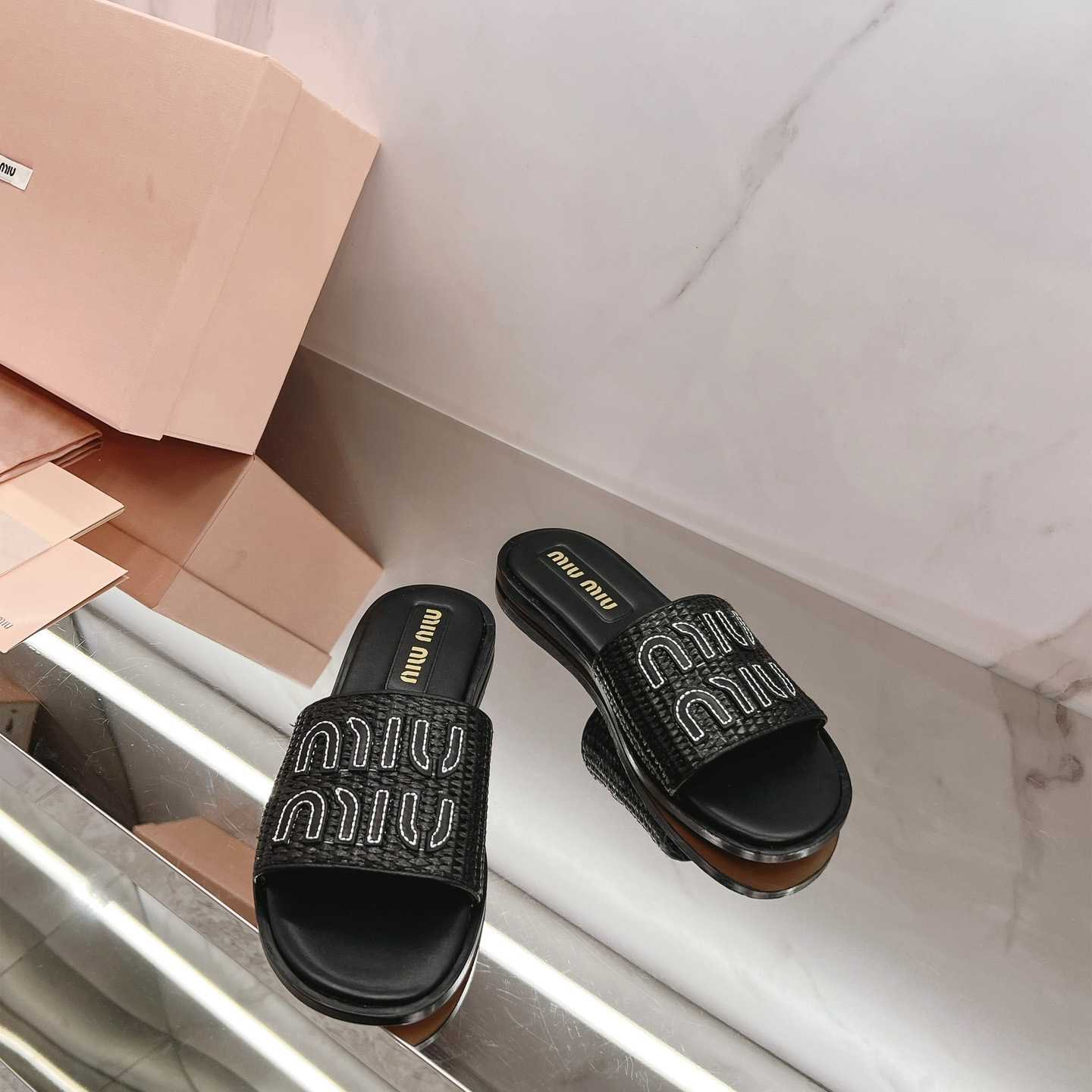 Miu Miu Raffia-effect Woven Fabric Slides - DesignerGu