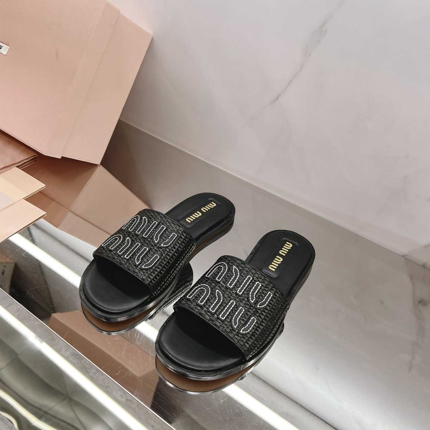 Miu Miu Raffia-effect Woven Fabric Slides - DesignerGu