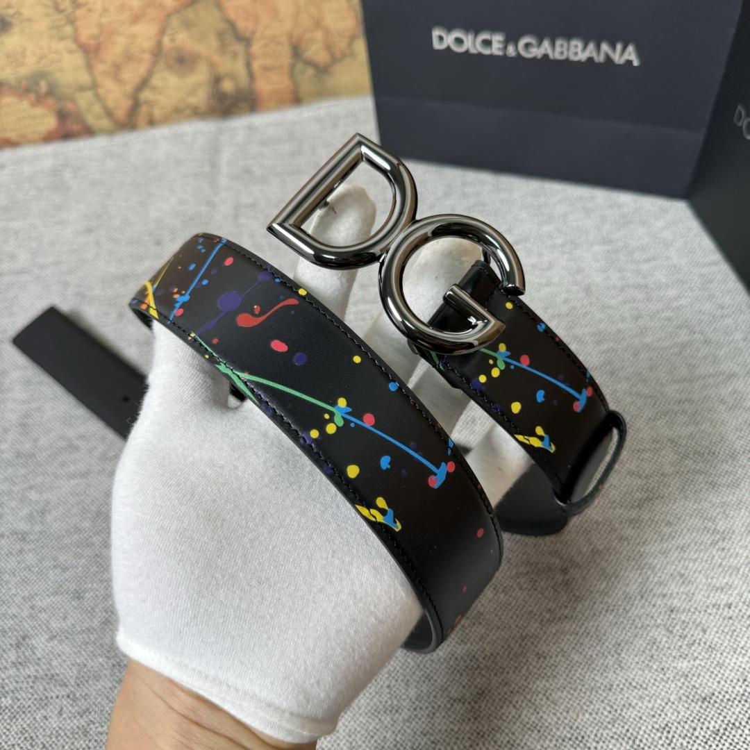 Dolce & Gabbana Paint Splatter Logo Buckle Leather Belt - DesignerGu