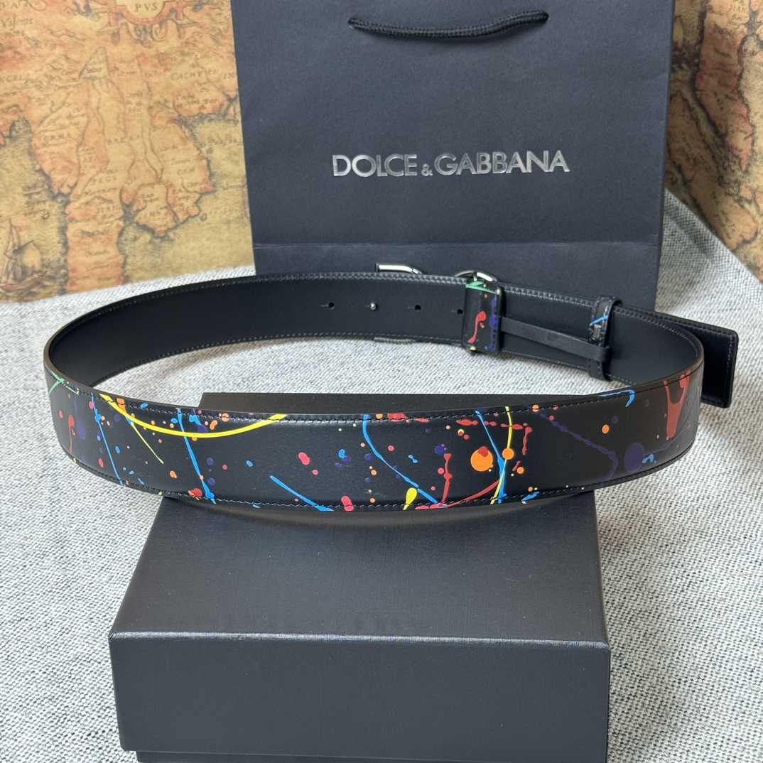 Dolce & Gabbana Paint Splatter Logo Buckle Leather Belt - DesignerGu