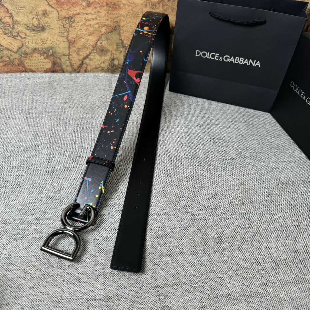 Dolce & Gabbana Paint Splatter Logo Buckle Leather Belt - DesignerGu