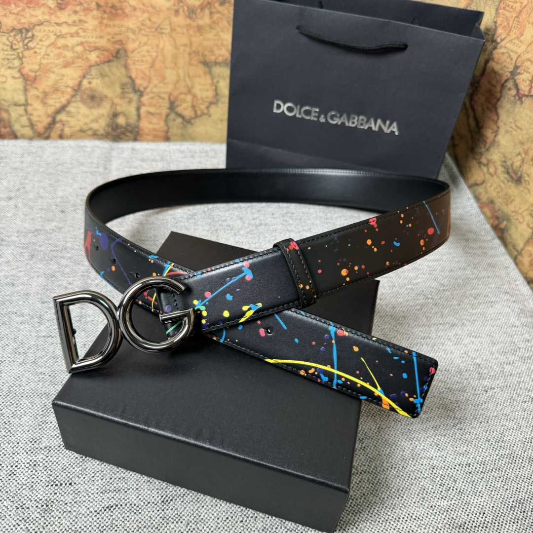 Dolce & Gabbana Paint Splatter Logo Buckle Leather Belt - DesignerGu