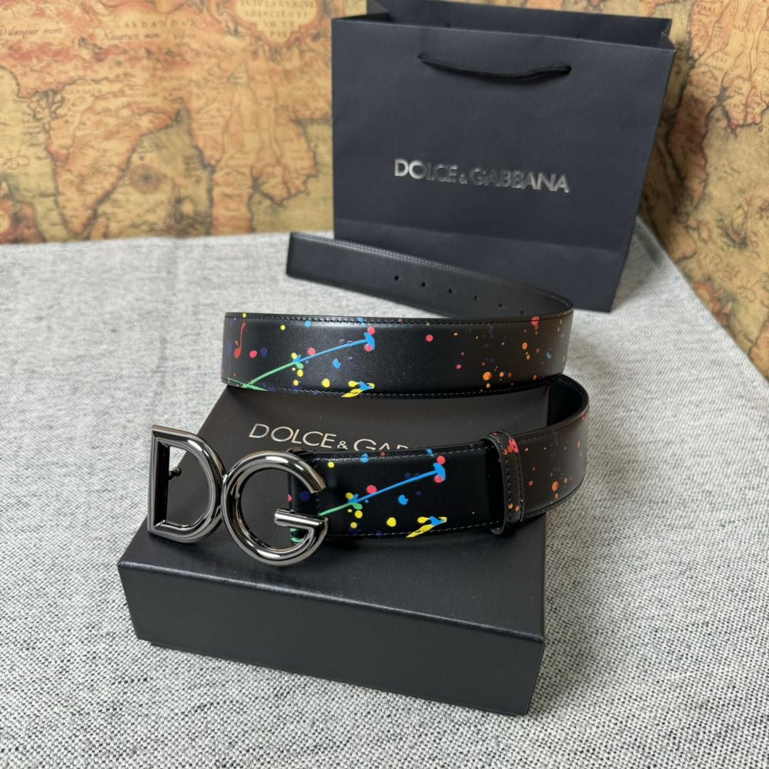 Dolce & Gabbana Paint Splatter Logo Buckle Leather Belt - DesignerGu