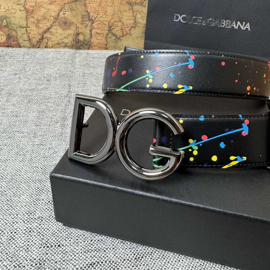 Dolce & Gabbana Paint Splatter Logo Buckle Leather Belt - DesignerGu