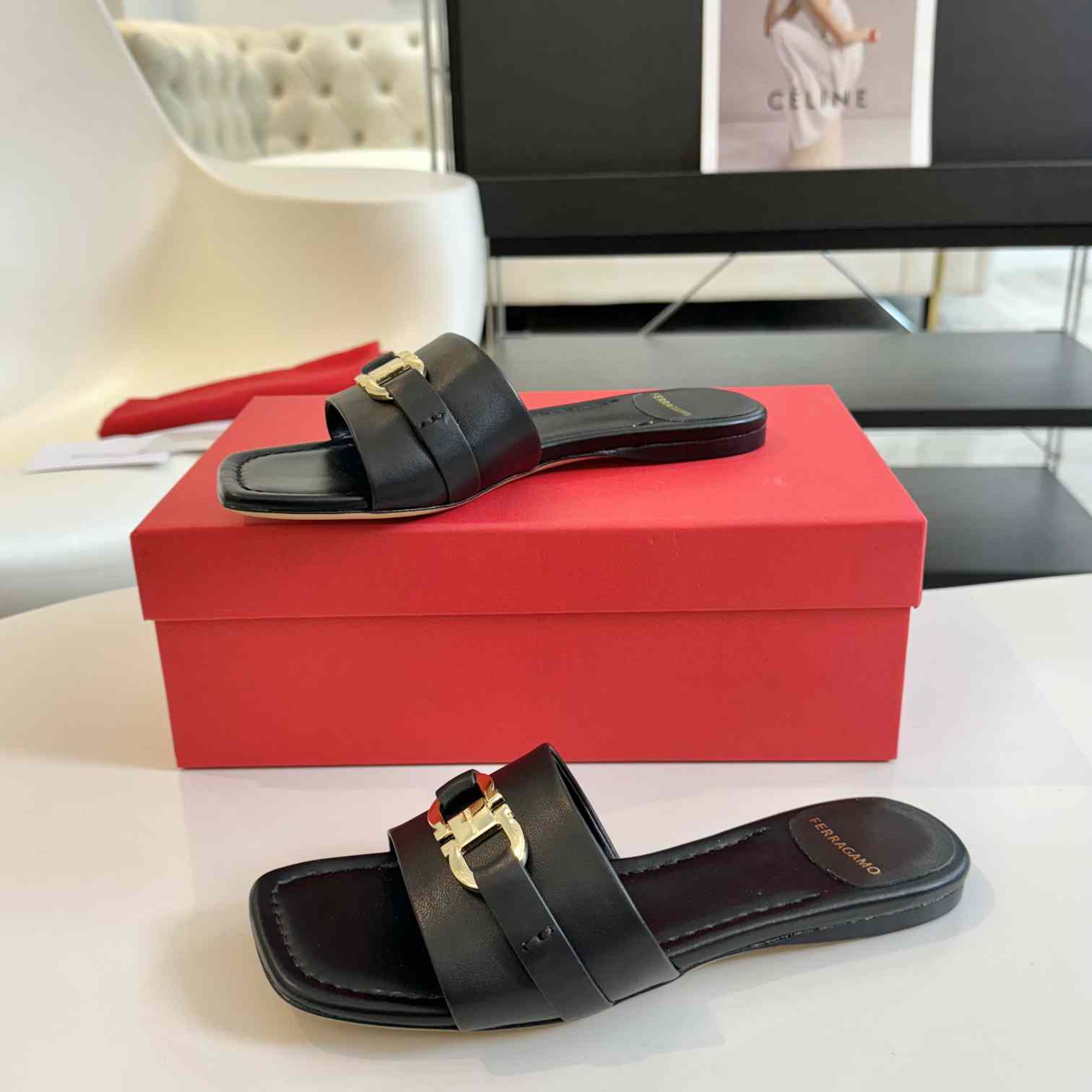 Ferragamo Women's Black Flat Slide With Gancini Ornament - DesignerGu