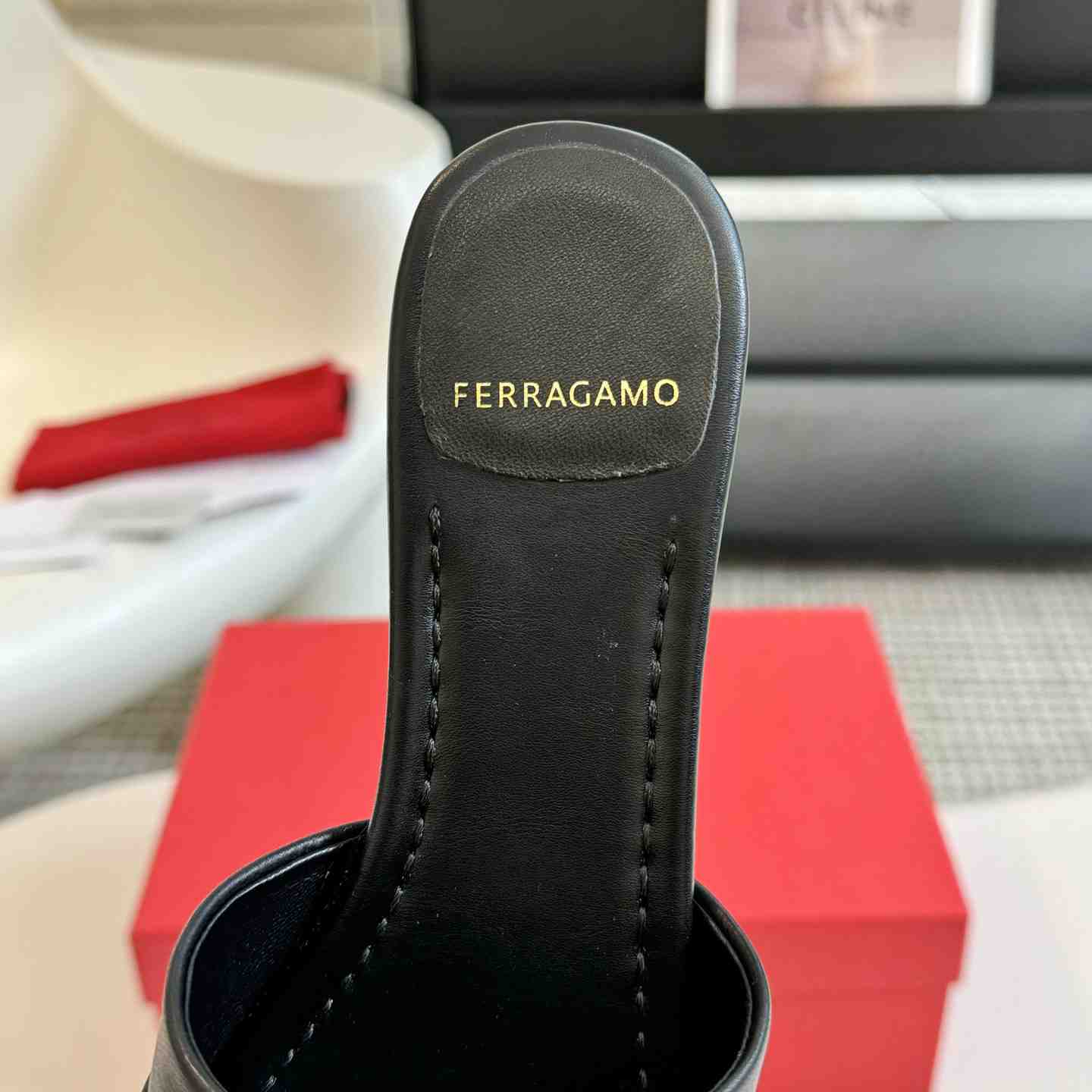 Ferragamo Women's Black Flat Slide With Gancini Ornament - DesignerGu