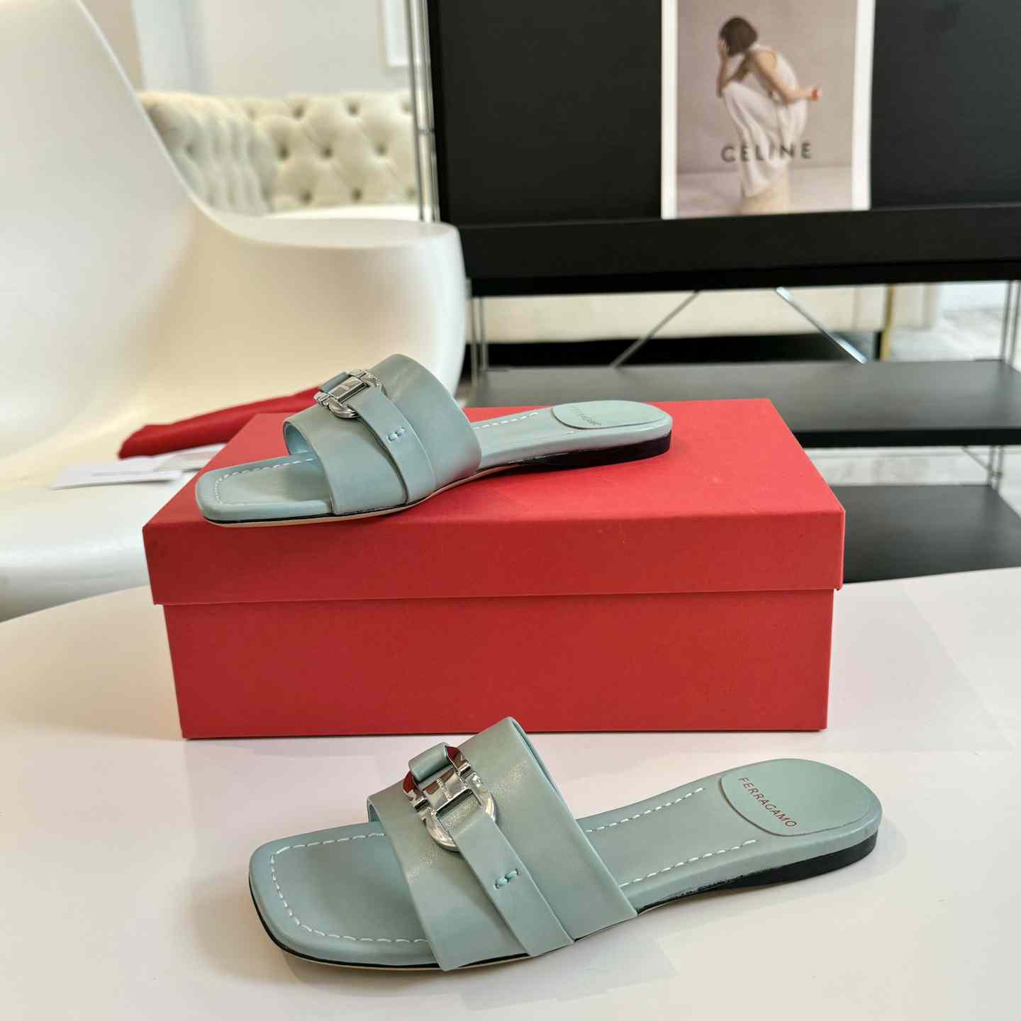 Ferragamo Women's Flat Slide With Gancini Ornament - DesignerGu