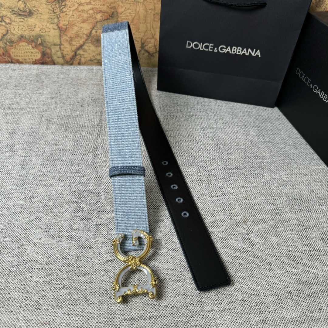 Dolce & Gabbana Denim Patchwork Belt With Baroque DG Buckle - DesignerGu