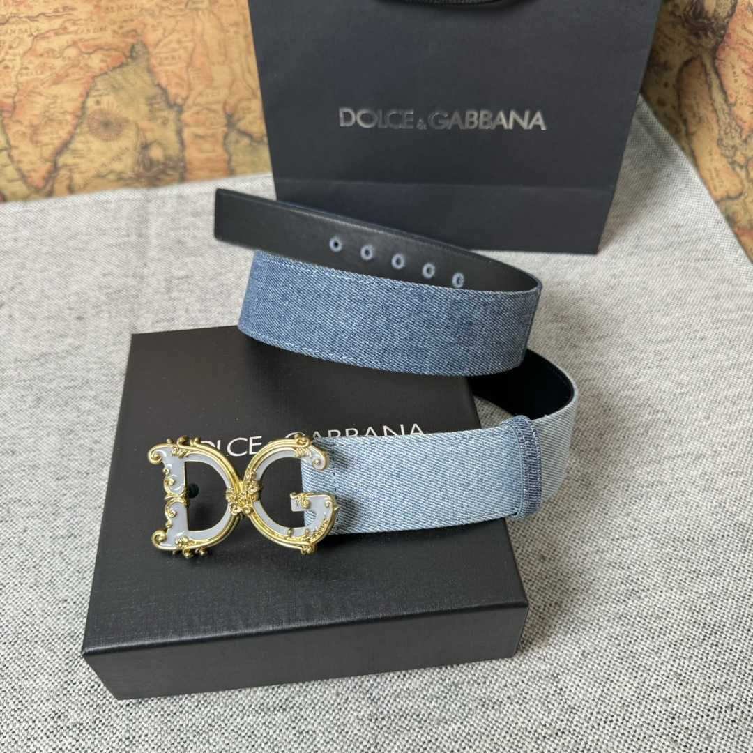 Dolce & Gabbana Denim Patchwork Belt With Baroque DG Buckle - DesignerGu