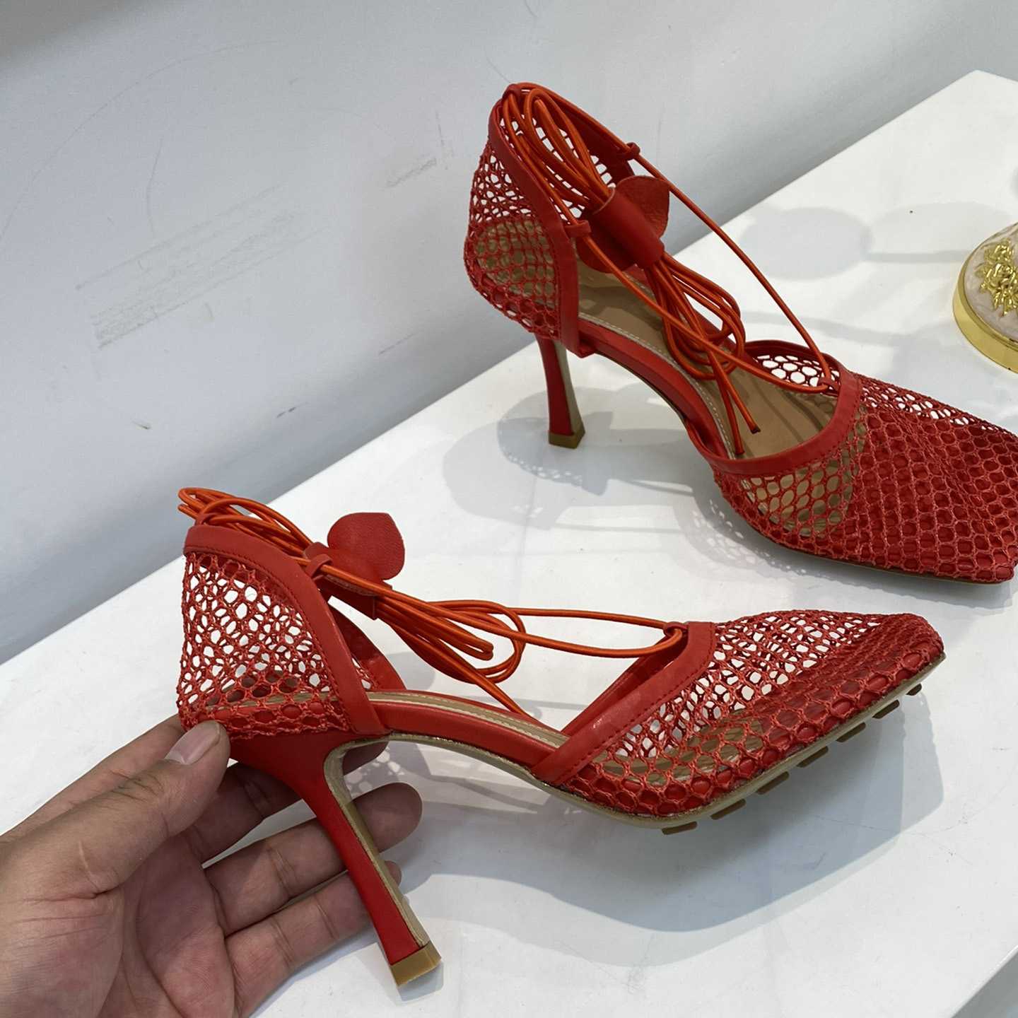 Bottega Veneta Red Mesh Square Toe Ankle Wrap Sandals - DesignerGu