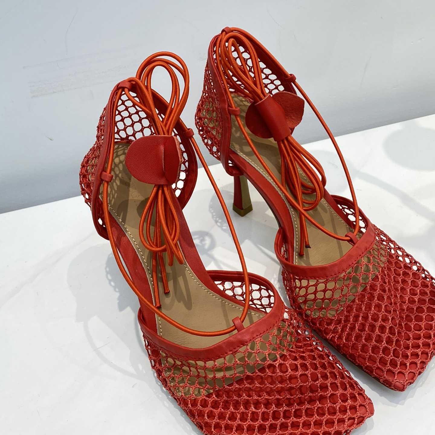 Bottega Veneta Red Mesh Square Toe Ankle Wrap Sandals - DesignerGu