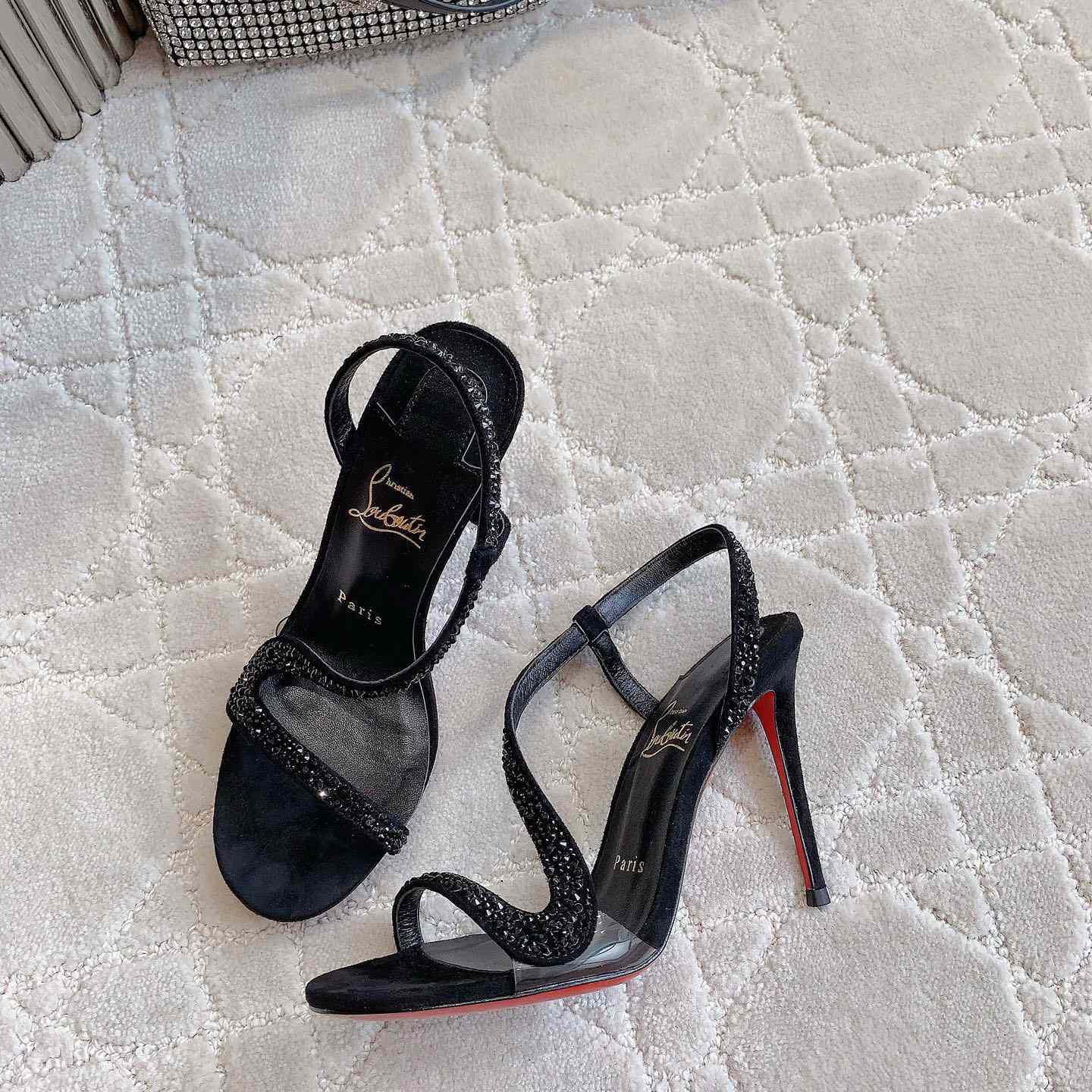 Christian Louboutin Black Suede Crystal Embellished Rosalie Sandals - DesignerGu