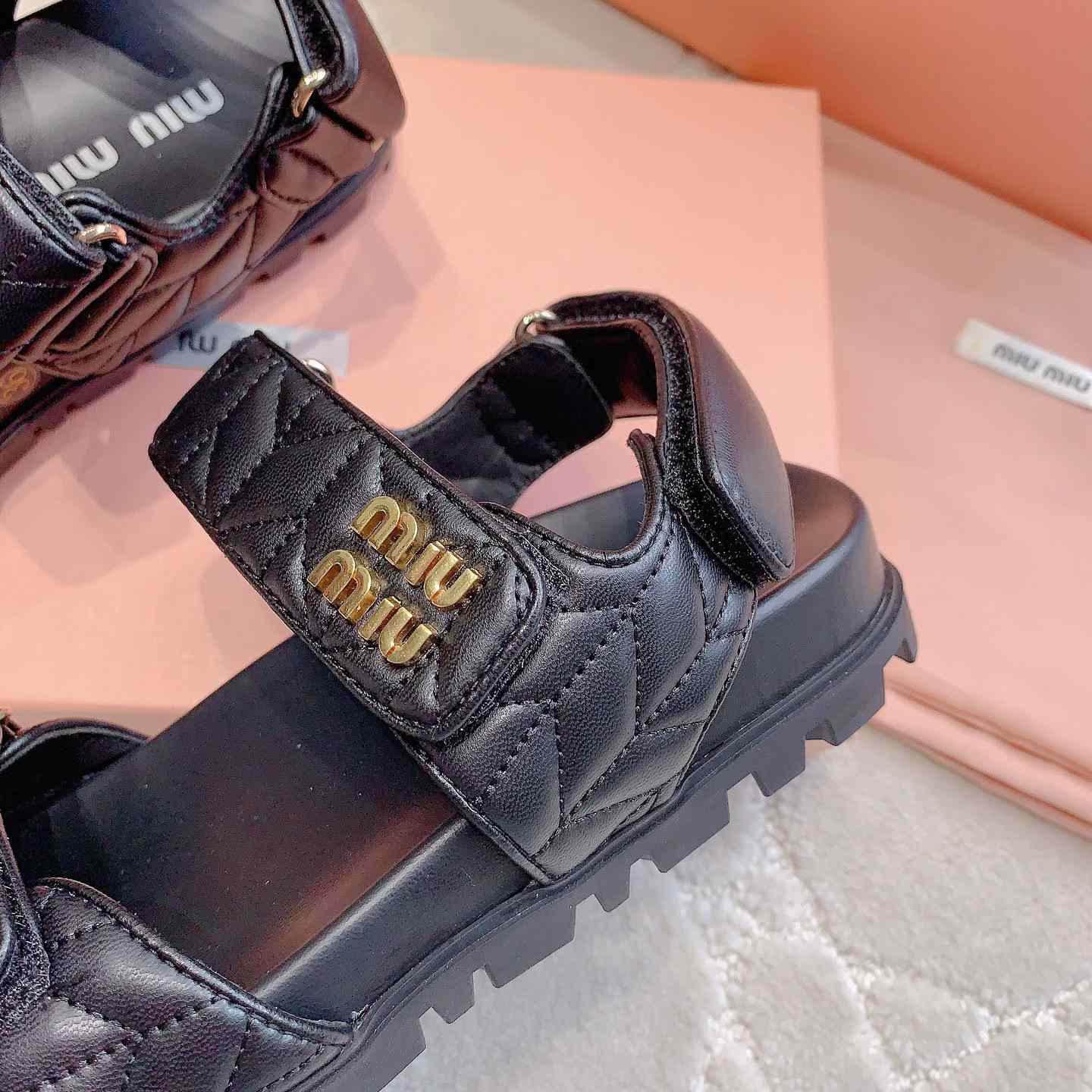 Miu Miu Sporty Matelassé Nappa Leather Sandals - DesignerGu