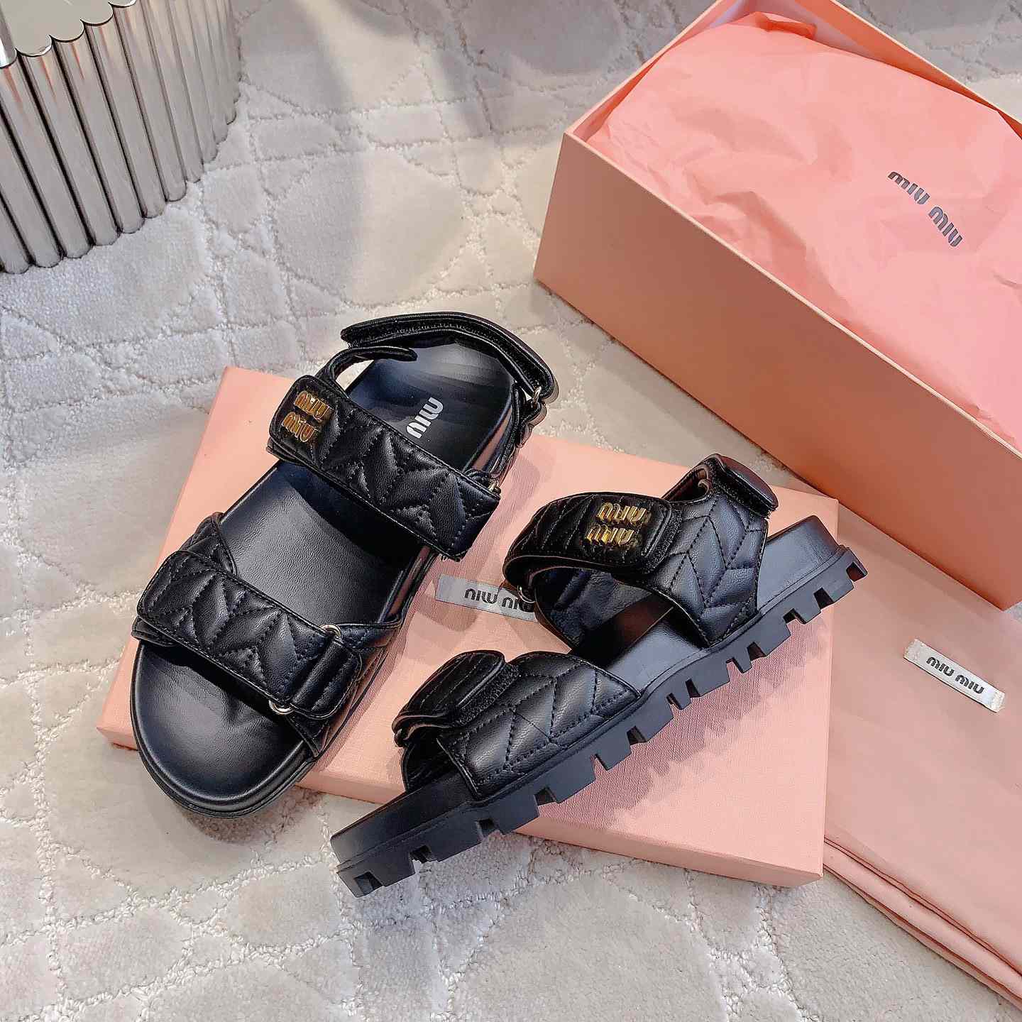 Miu Miu Sporty Matelassé Nappa Leather Sandals - DesignerGu