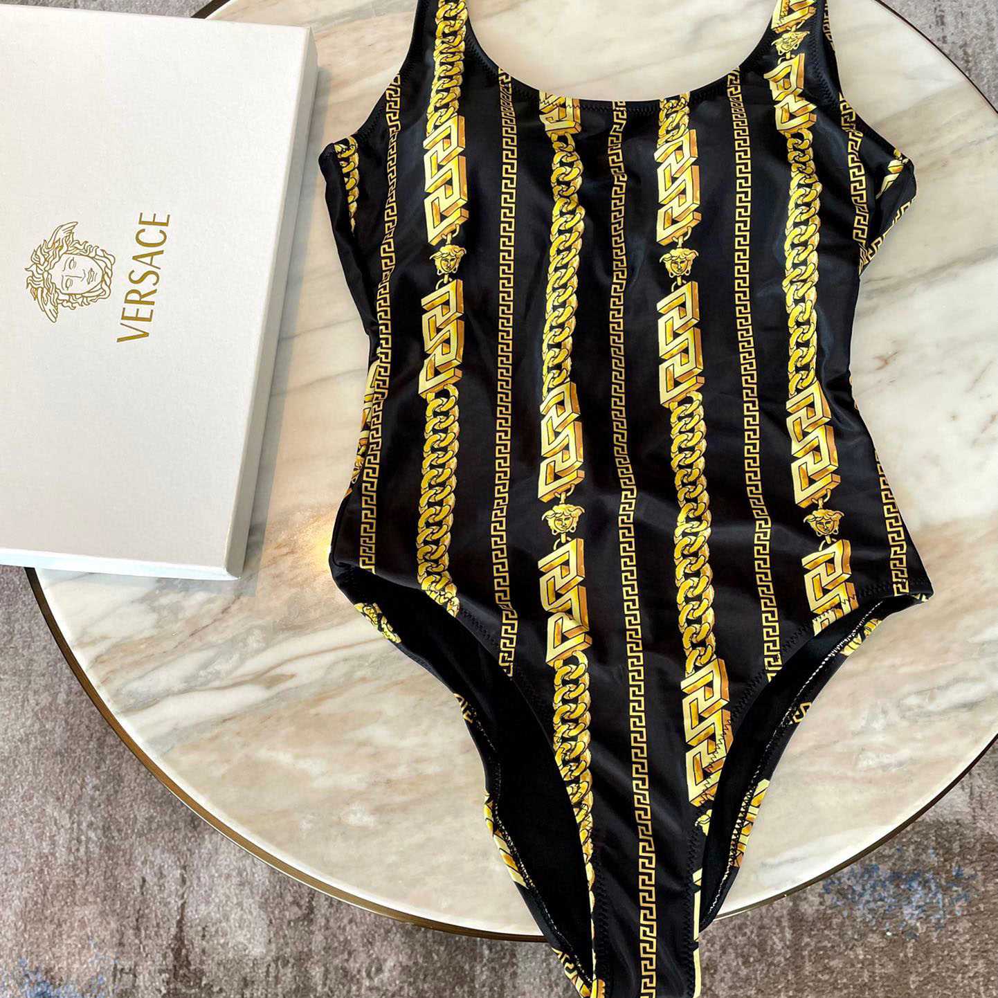 Versace Chain Pinstripe One-Piece Swimsuit - DesignerGu