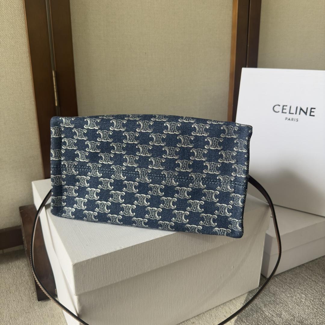 Celine Small Cabas Thais In Denim With Triomphe All-over And Calfskin Denim / Silver - DesignerGu