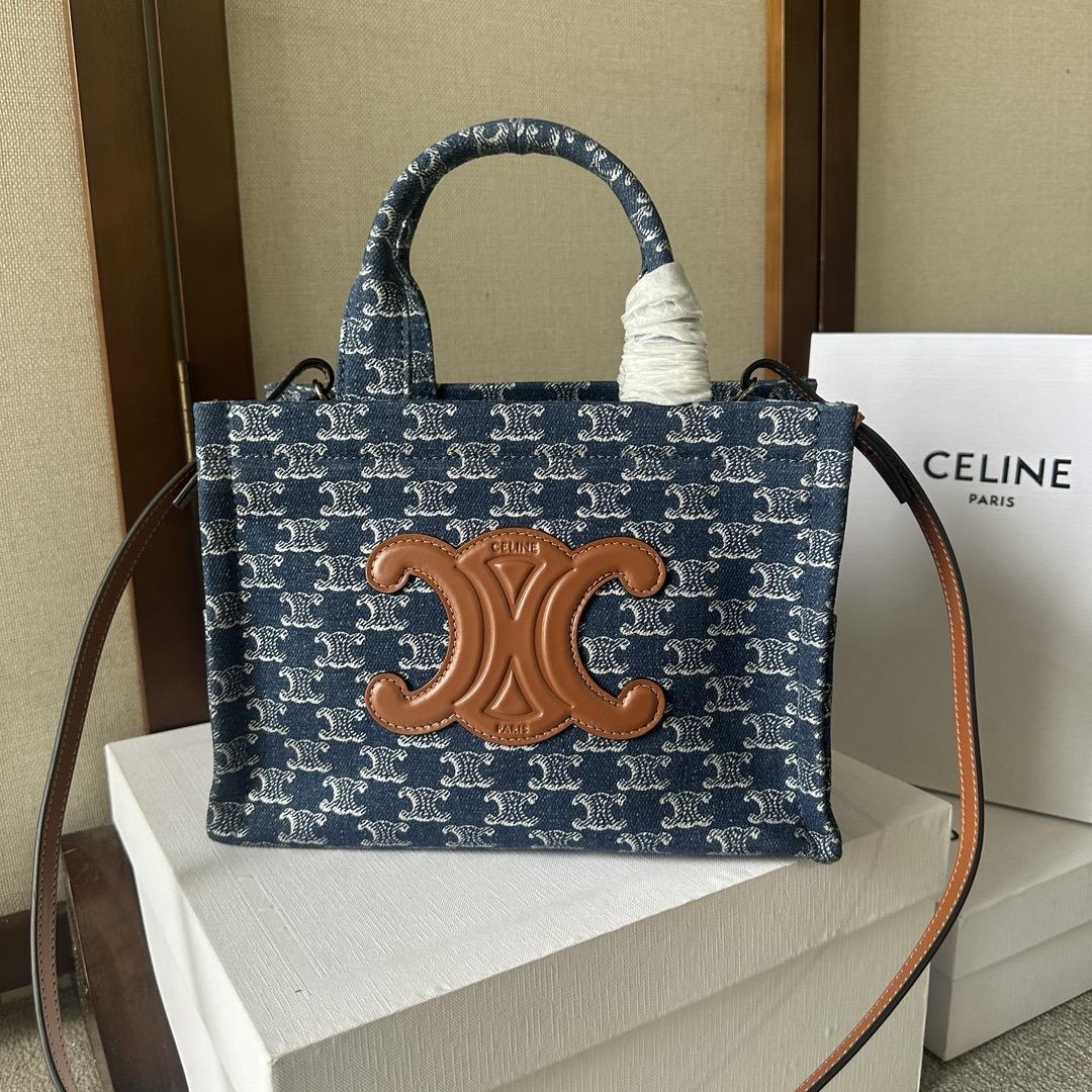 Celine Small Cabas Thais In Denim With Triomphe All-over And Calfskin Denim / Silver - DesignerGu