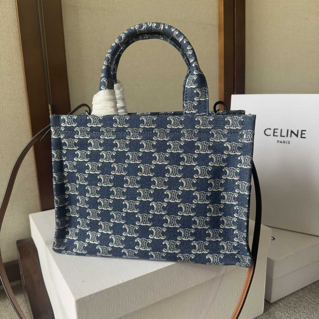 Celine Small Cabas Thais In Denim With Triomphe All-over And Calfskin Denim / Silver - DesignerGu