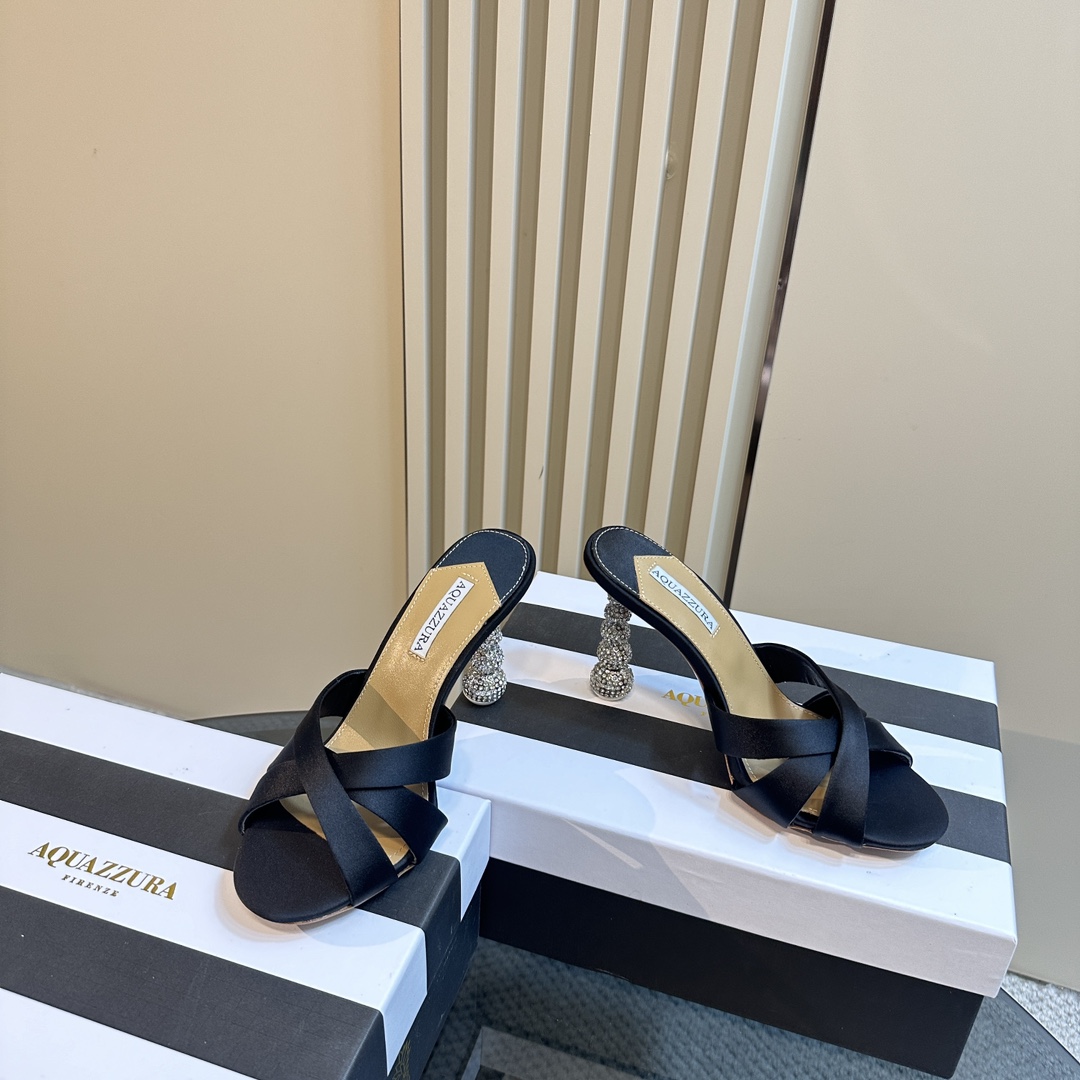 Aquazzura Black 105mm Yes Baby Satin Mules - DesignerGu