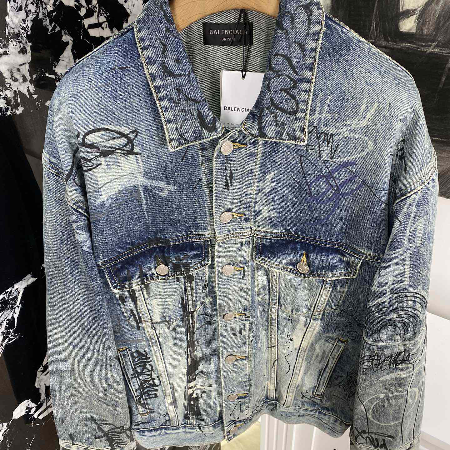 Balenciaga Blue Graffiti Denim Jacket Coat - DesignerGu