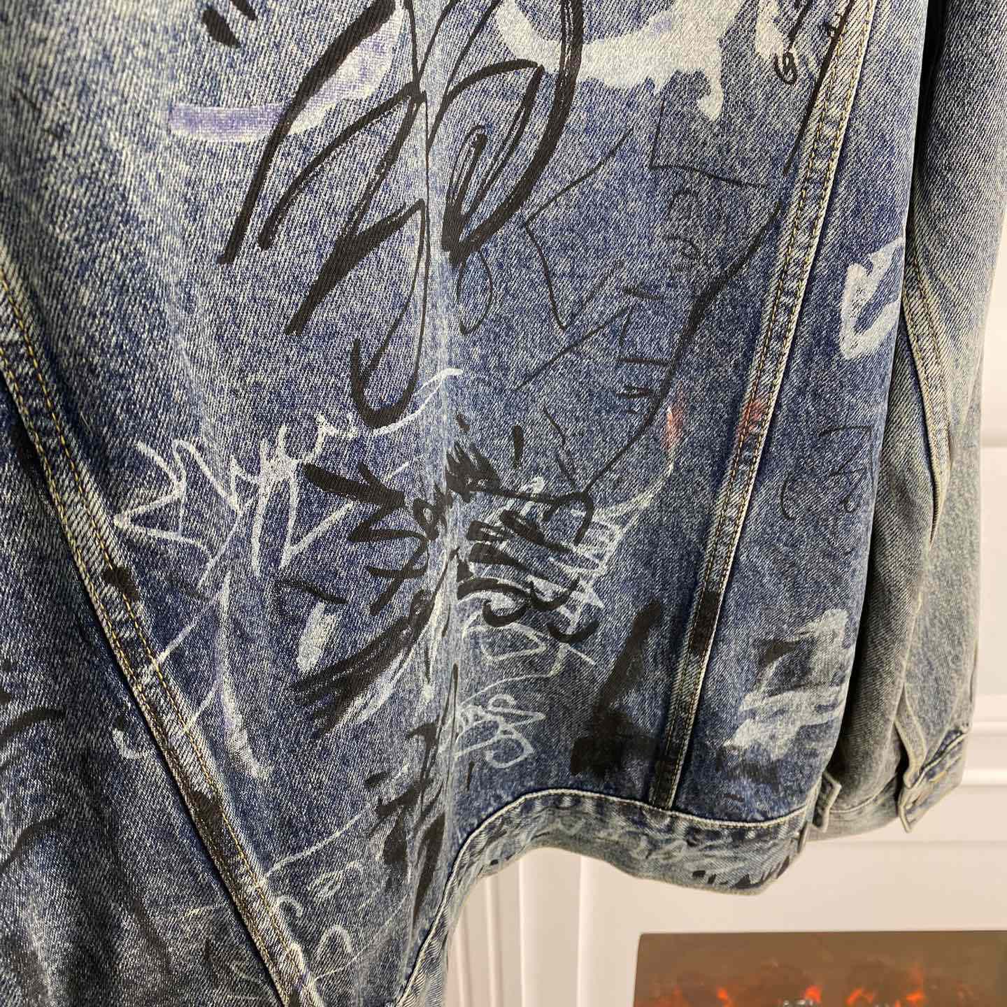 Balenciaga Blue Graffiti Denim Jacket Coat - DesignerGu