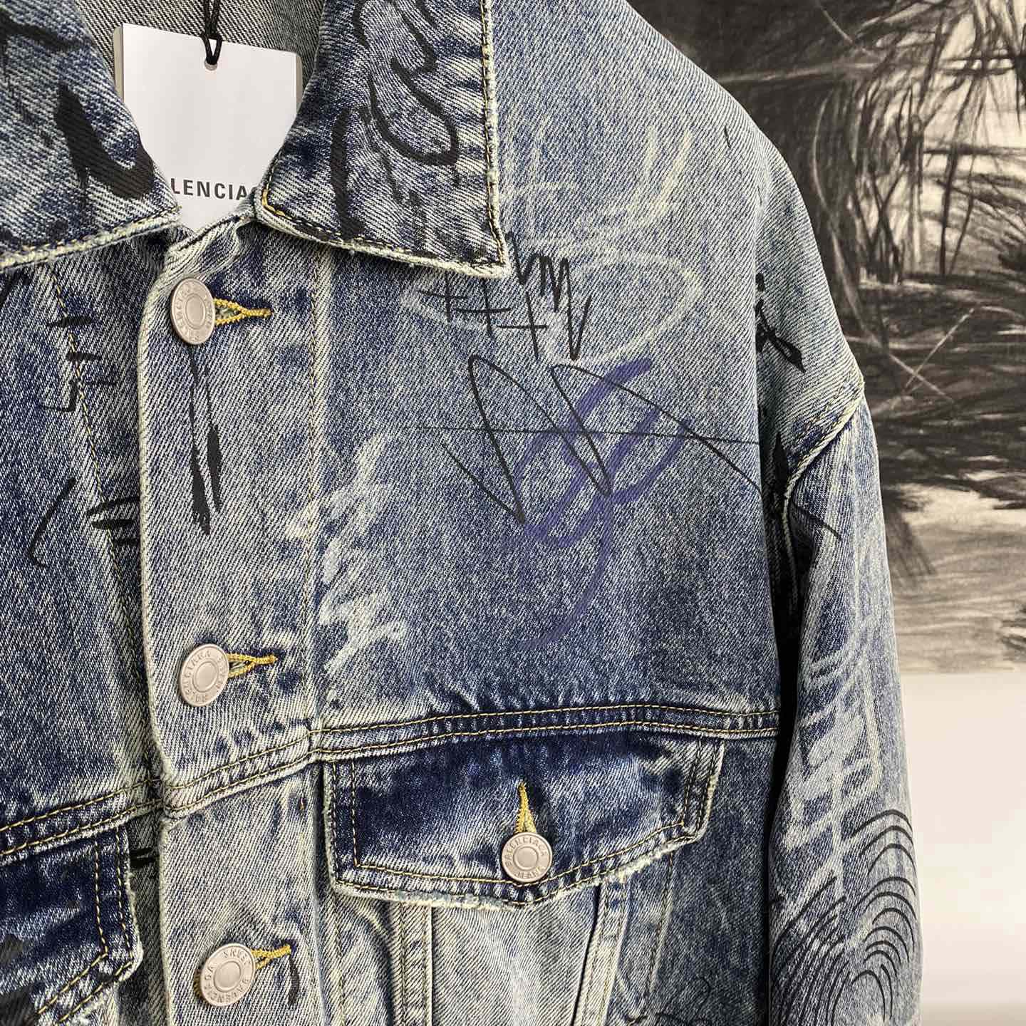 Balenciaga Blue Graffiti Denim Jacket Coat - DesignerGu