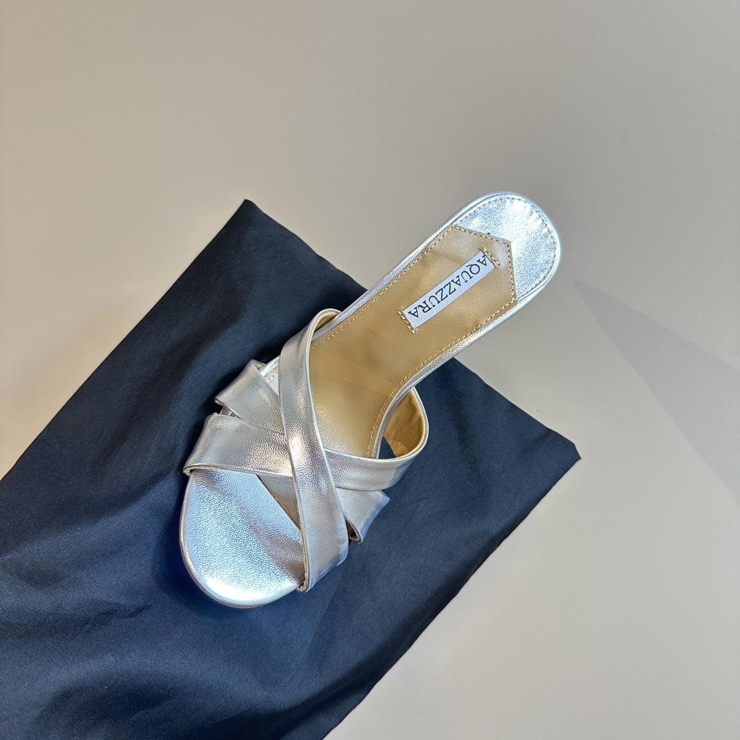 Aquazzura Silver 105mm Yes Baby Satin Mules - DesignerGu