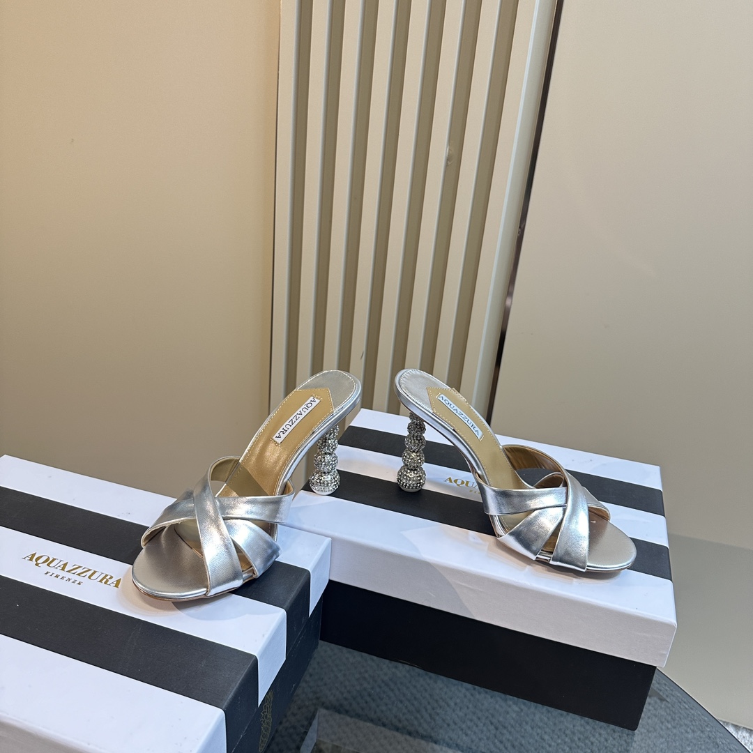 Aquazzura Silver 105mm Yes Baby Satin Mules - DesignerGu