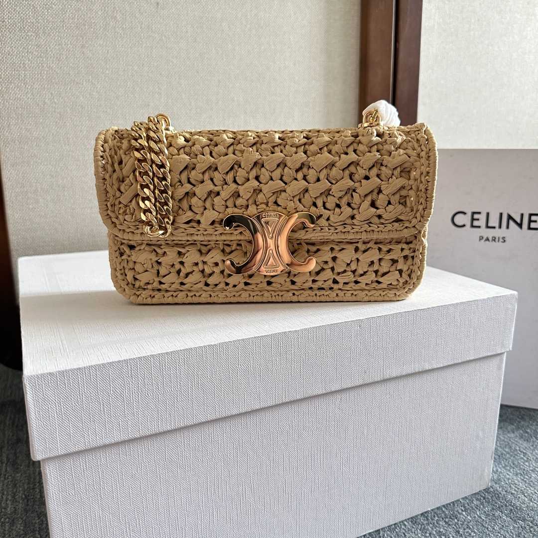 Celine Chain Shoulder Bag Claude In Raffia Effect Textile - DesignerGu