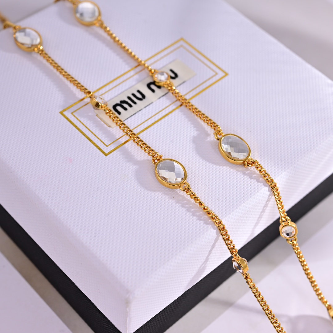 Miu Miu Metal Necklace With Crystals - DesignerGu