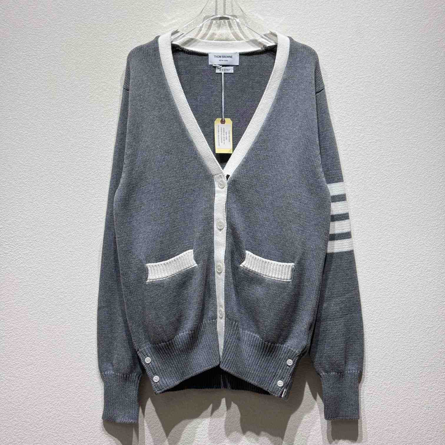 Thom Browne Cotton Hector Pointelle 4-bar V-neck Cardigan - DesignerGu