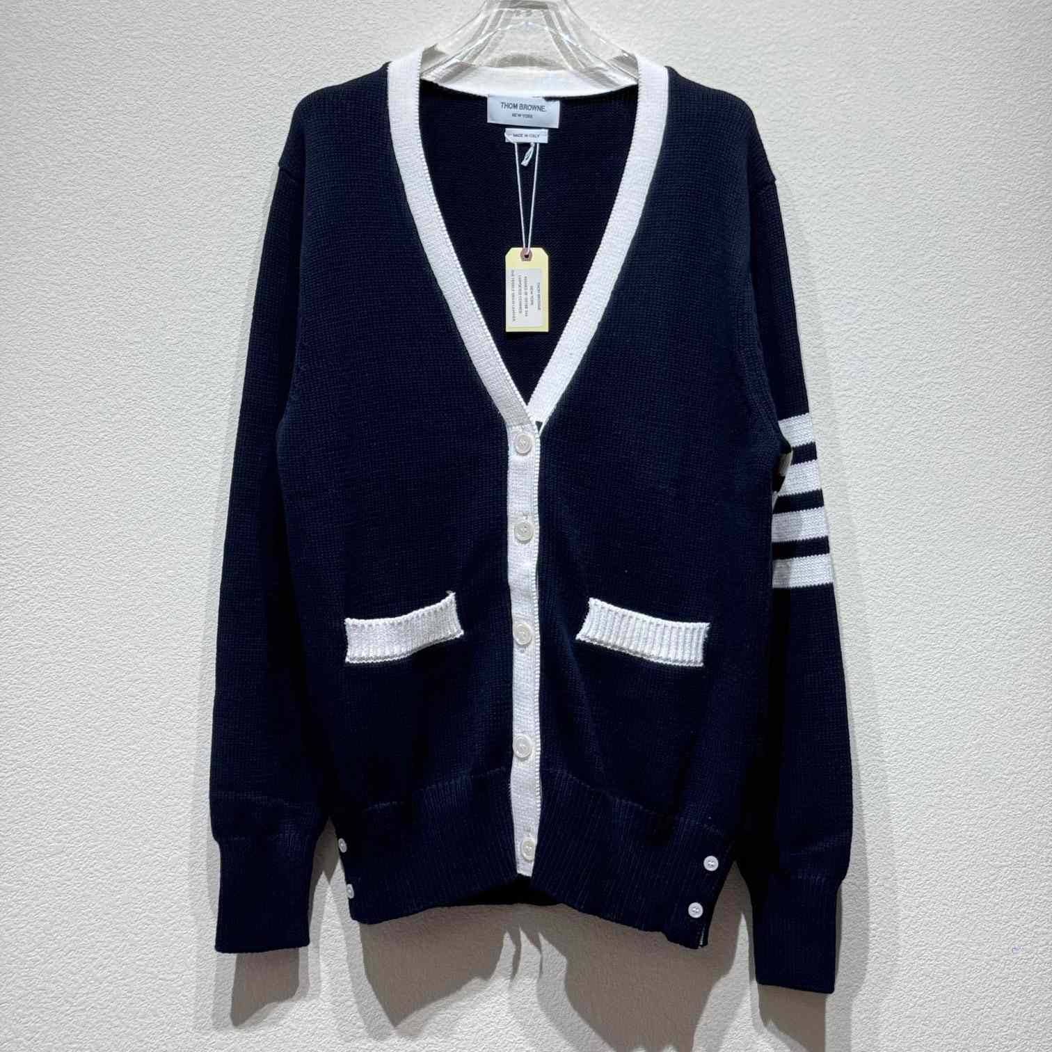 Thom Browne Cotton Hector Pointelle 4-bar V-neck Cardigan - DesignerGu