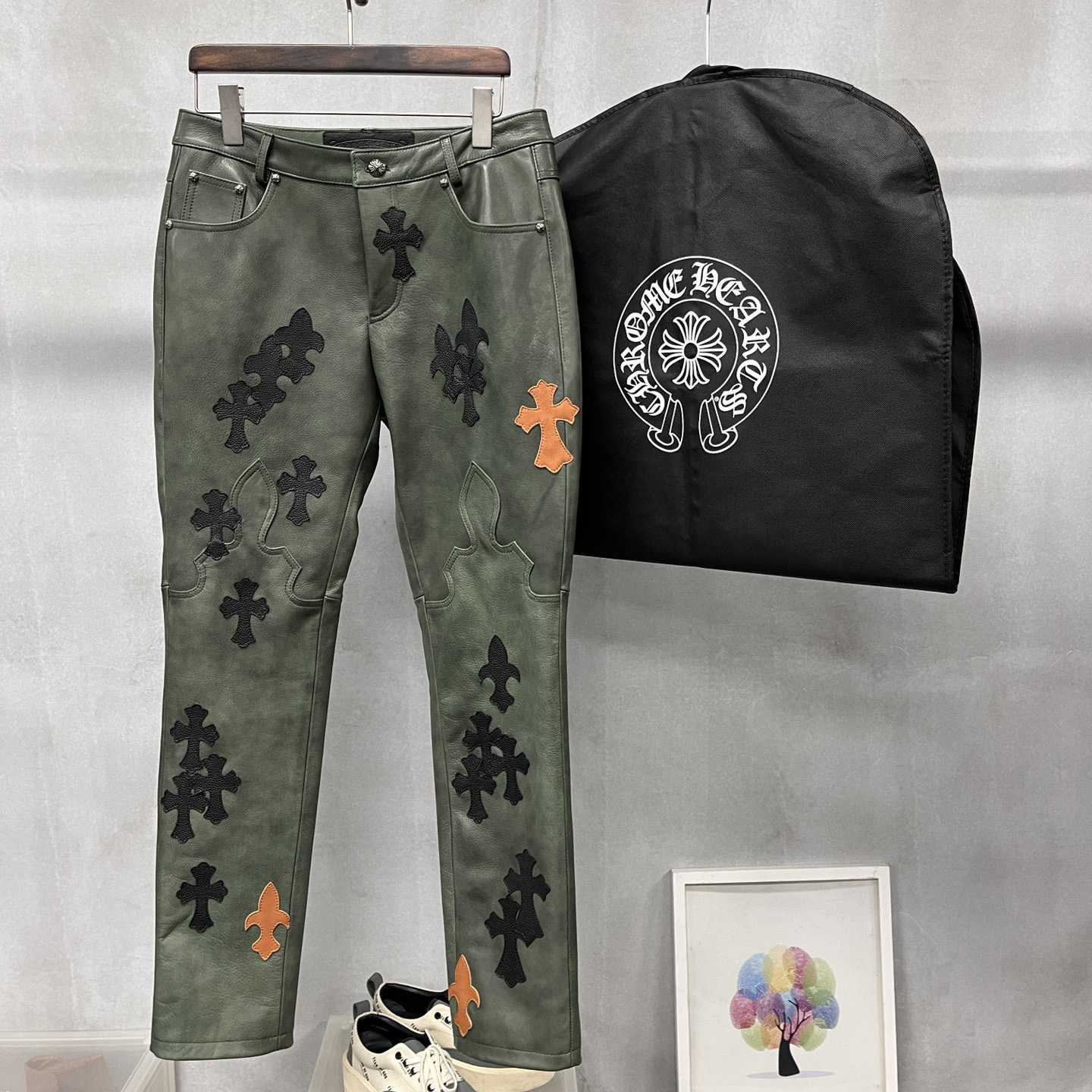 Chrome Heart Leather Cross Jeans - DesignerGu