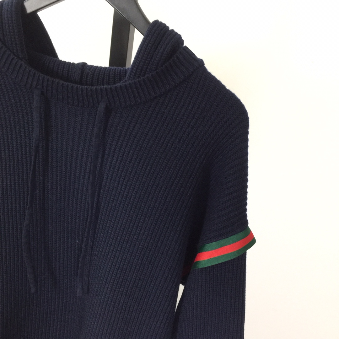 Gucci Web-stripe Ribbed Hoodie In Blue - DesignerGu