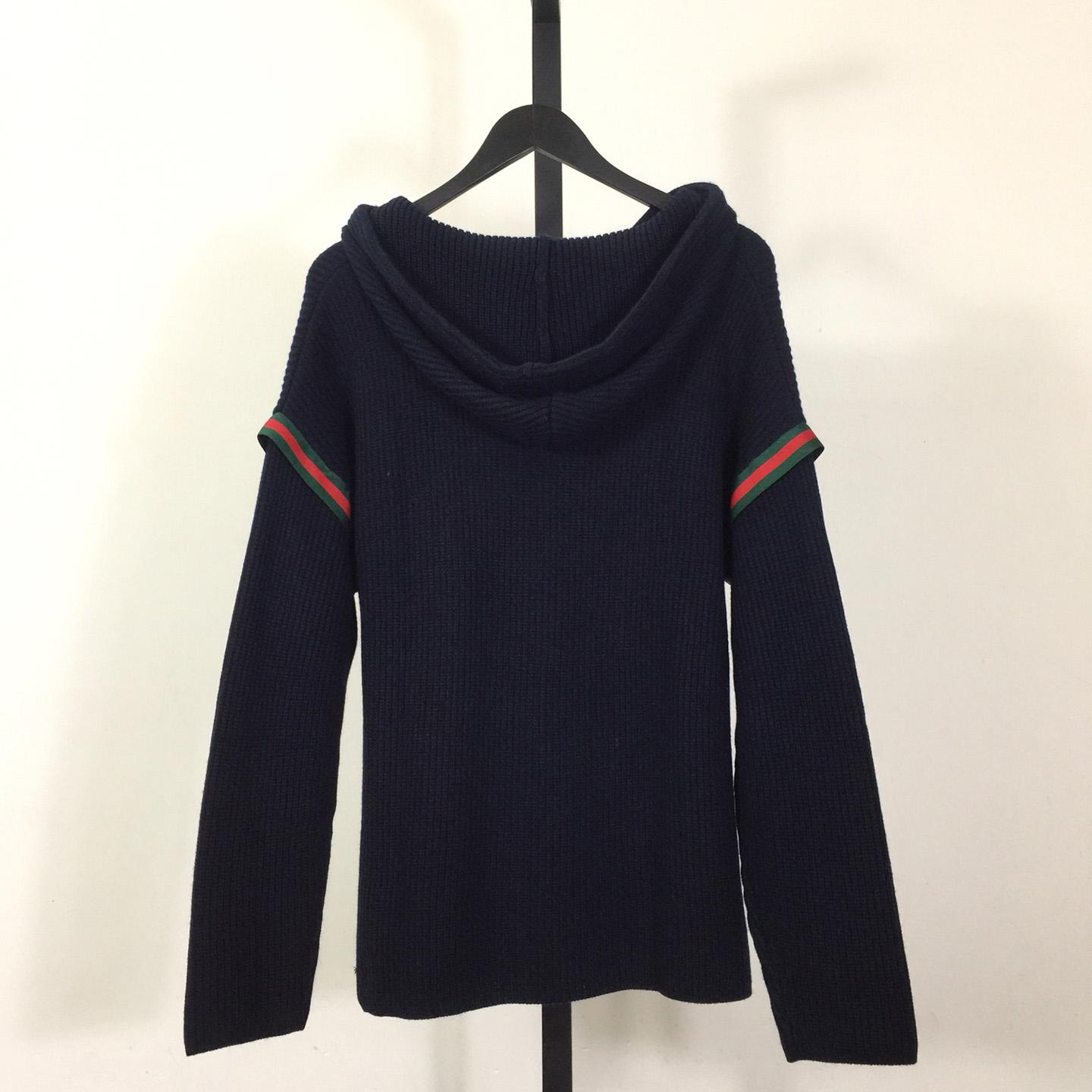 Gucci Web-stripe Ribbed Hoodie In Blue - DesignerGu