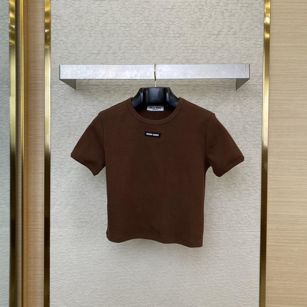 Miu Miu Brown Ribbed Cropped T-Shirt - DesignerGu