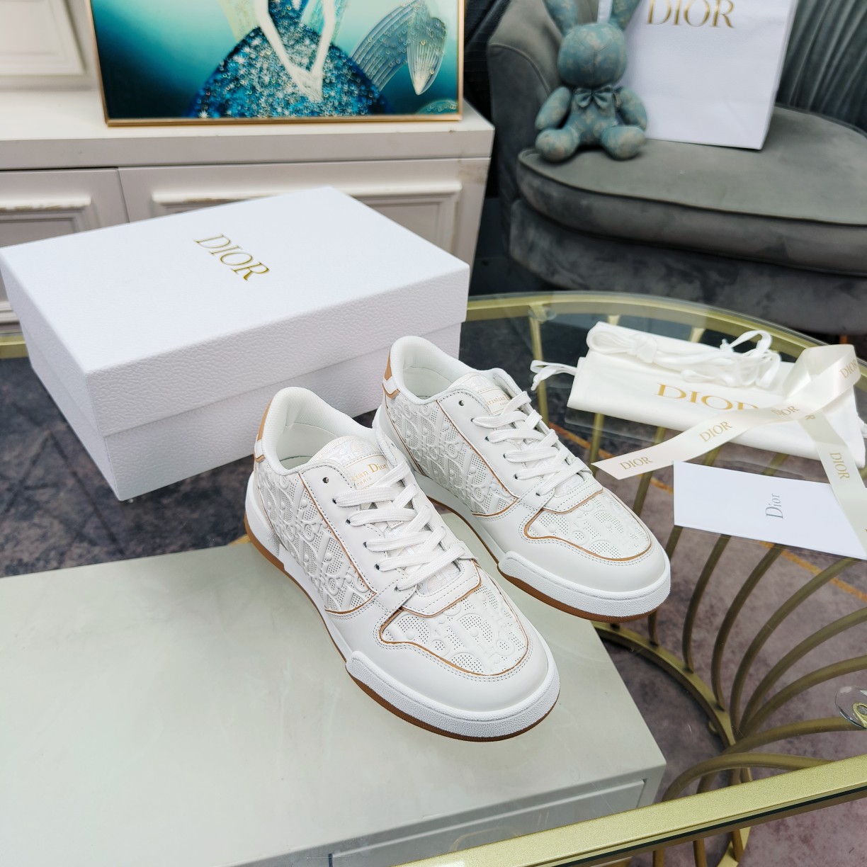 Dior One White and Nude Dior Oblique Perforated Calfskin Sneaker  - DesignerGu