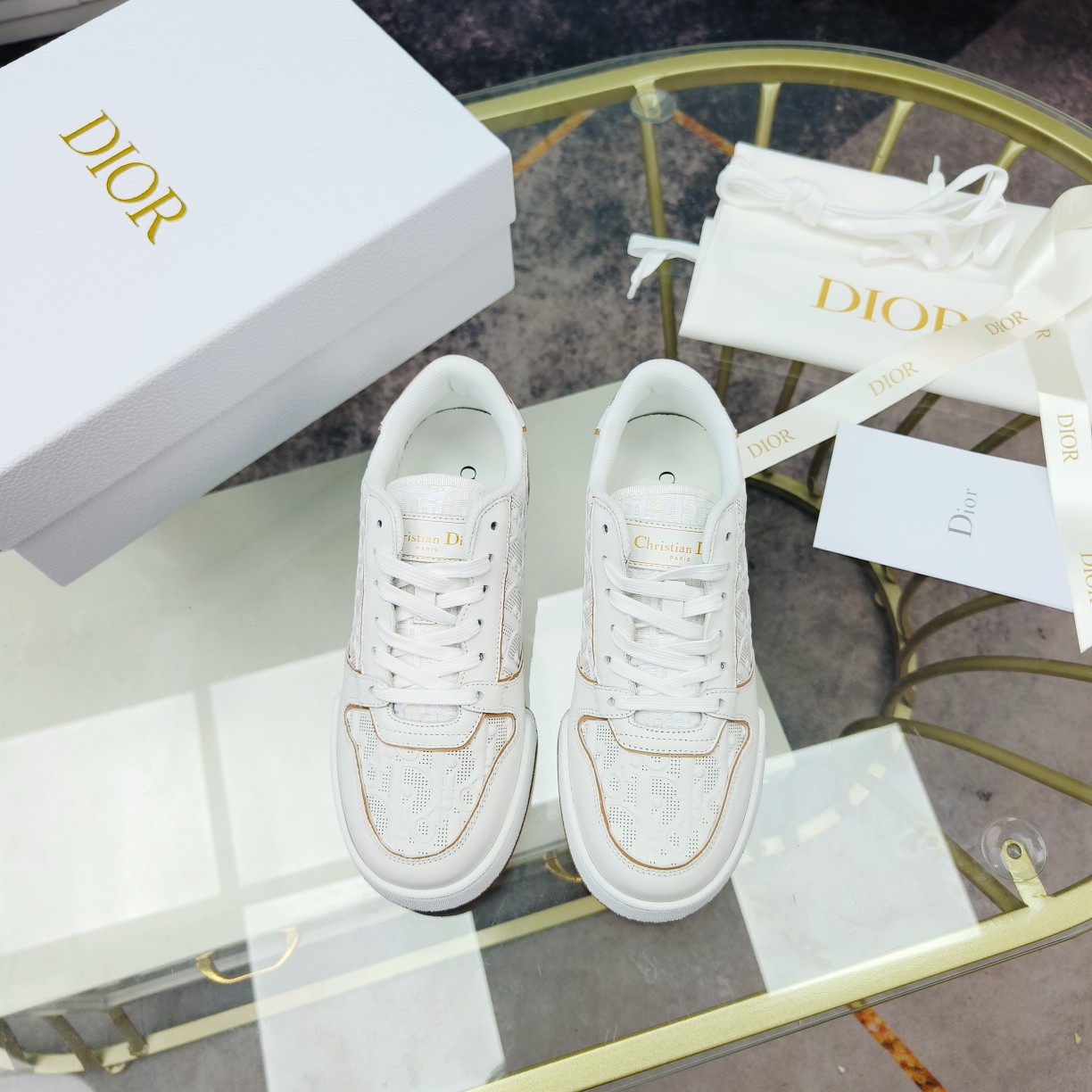 Dior One White and Nude Dior Oblique Perforated Calfskin Sneaker  - DesignerGu