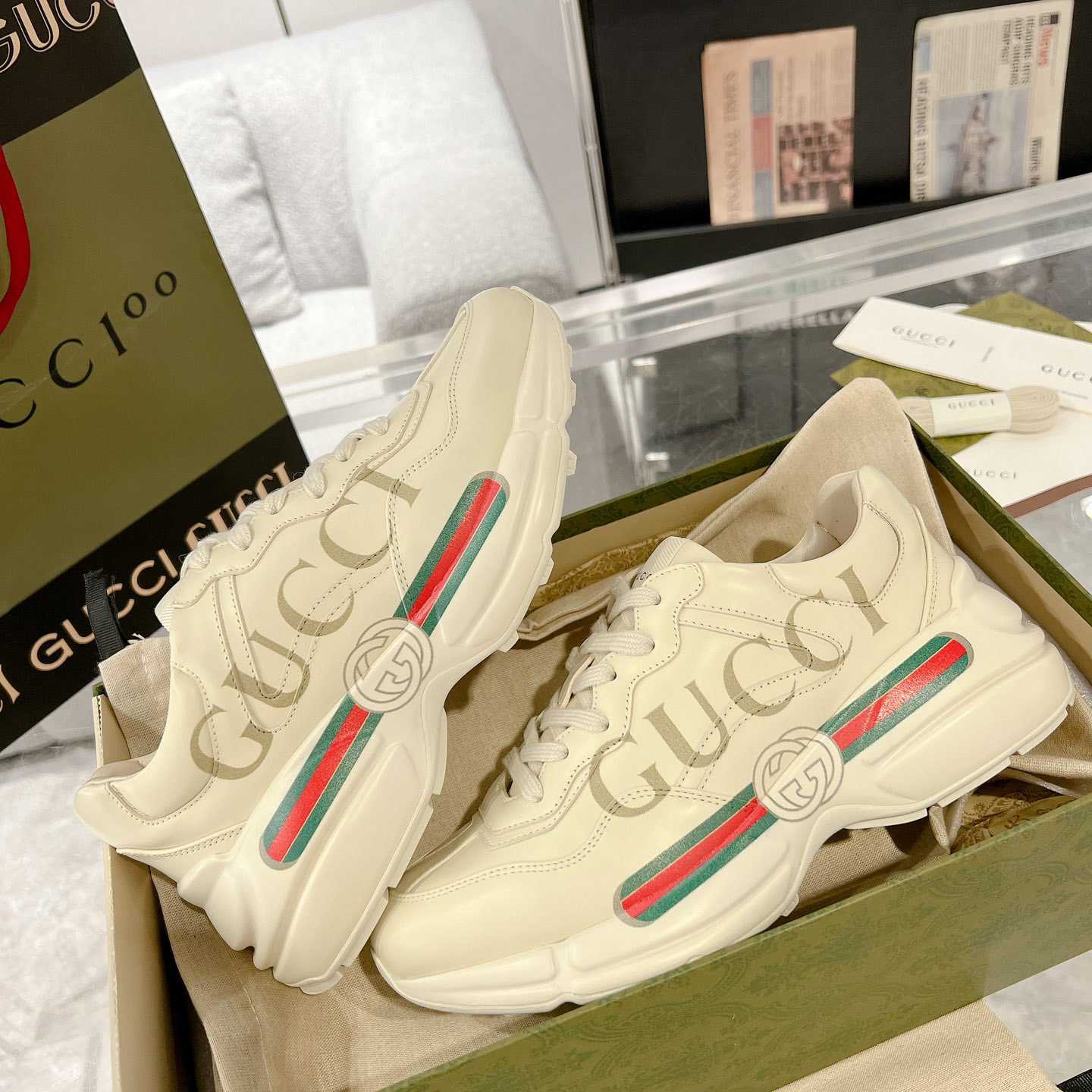 Gucci Rhyton Logo Ivory Leather Sneaker - DesignerGu