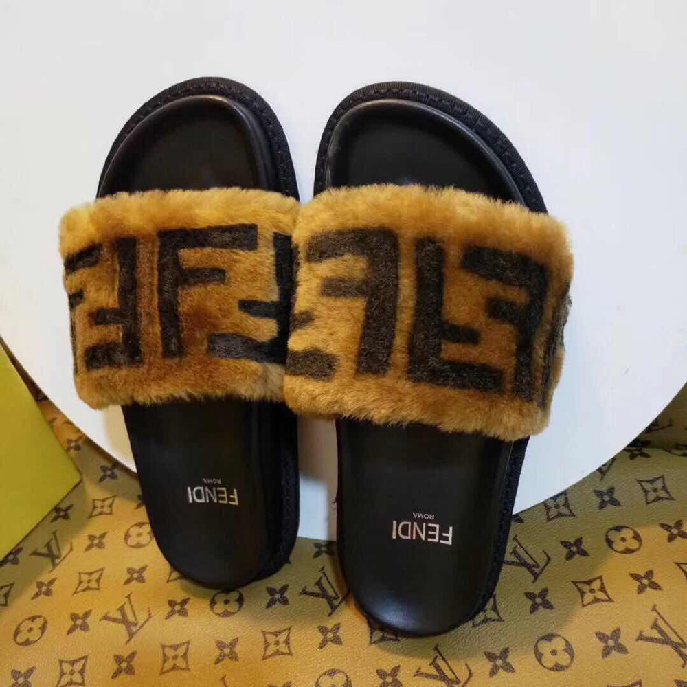 Fendi Brown Leather And Sheepskin Slides - DesignerGu