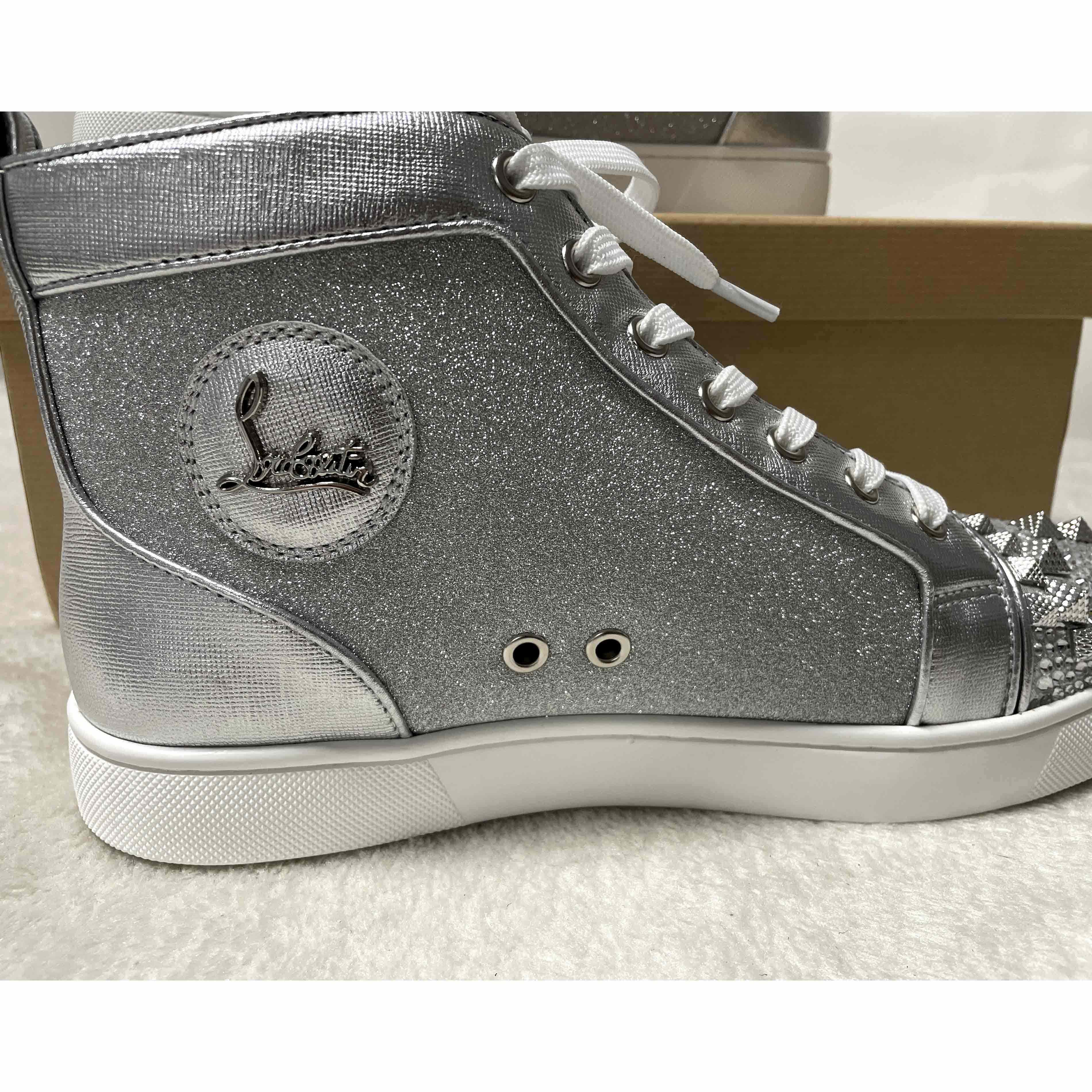 Christian Louboutin Men's Studded Metallic Leather High-Top Sneakers - DesignerGu