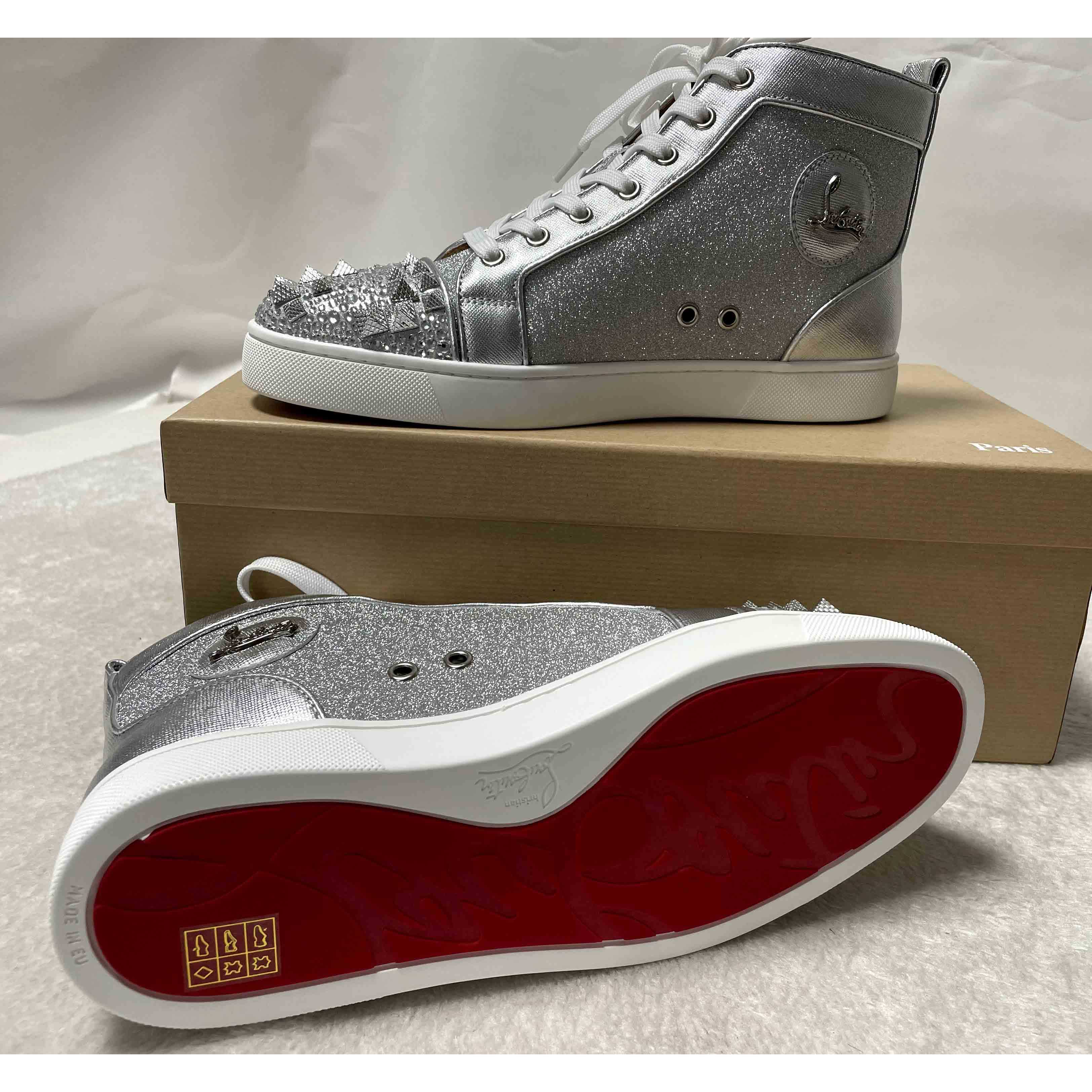 Christian Louboutin Men's Studded Metallic Leather High-Top Sneakers - DesignerGu