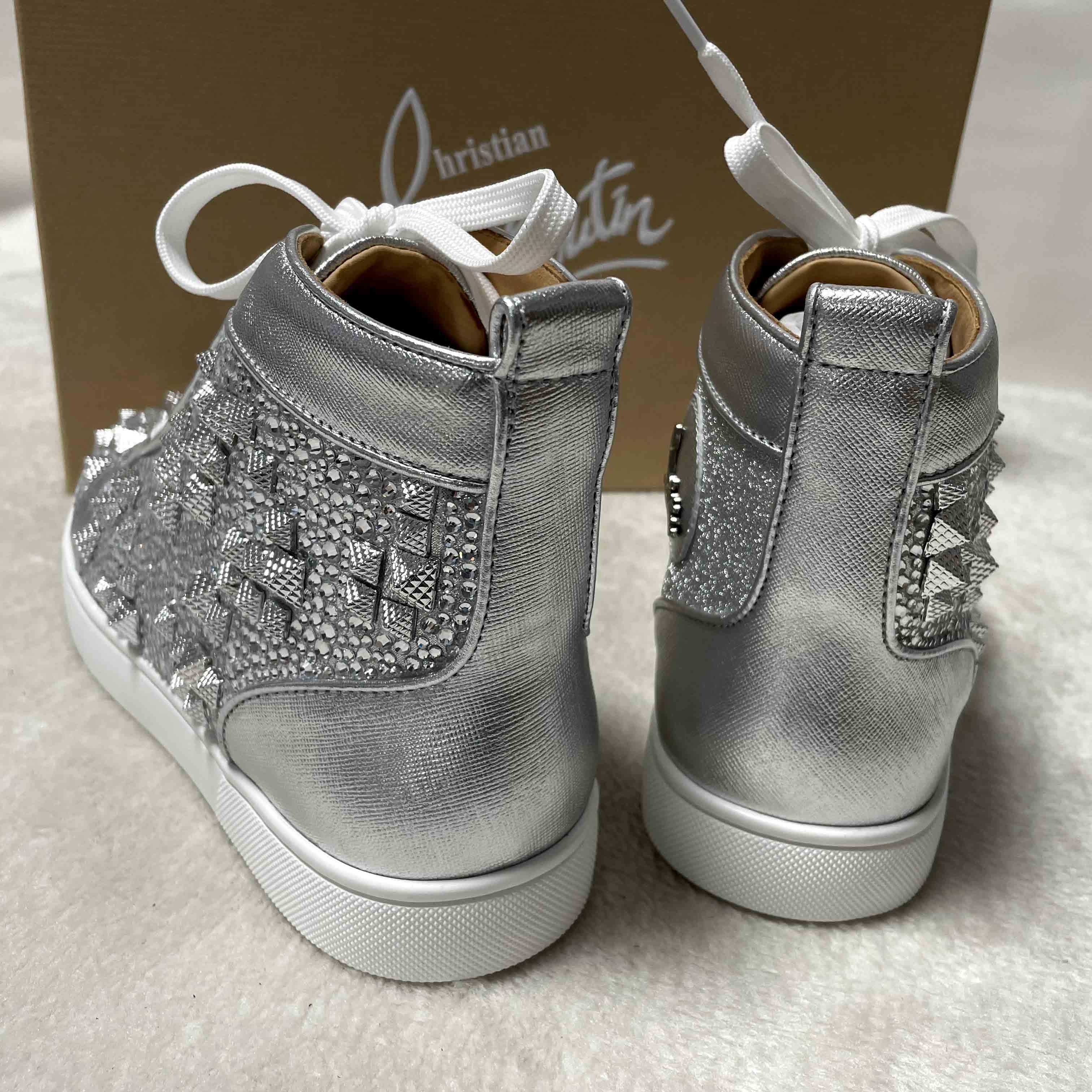 Christian Louboutin Men's Studded Metallic Leather High-Top Sneakers - DesignerGu