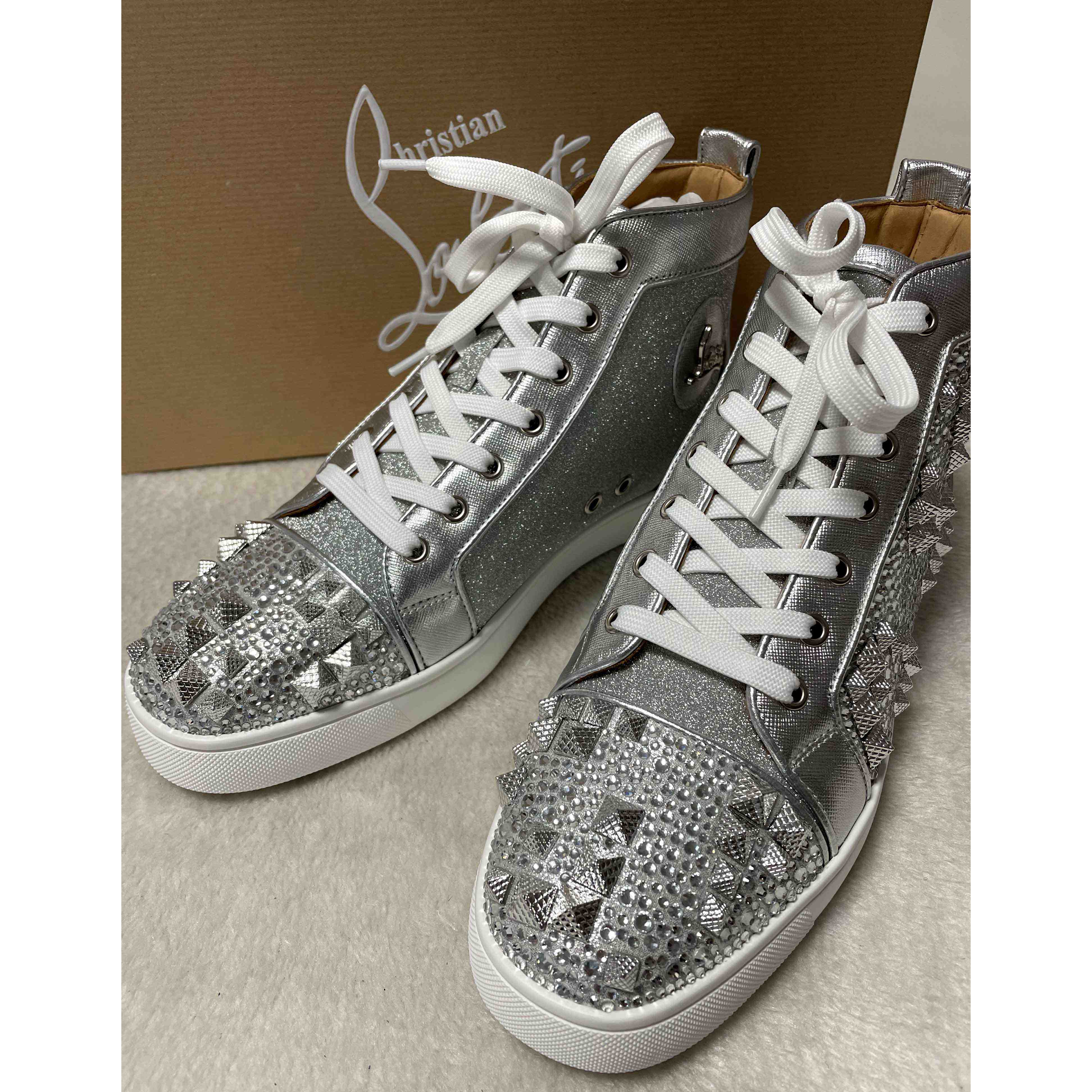 Christian Louboutin Men's Studded Metallic Leather High-Top Sneakers - DesignerGu