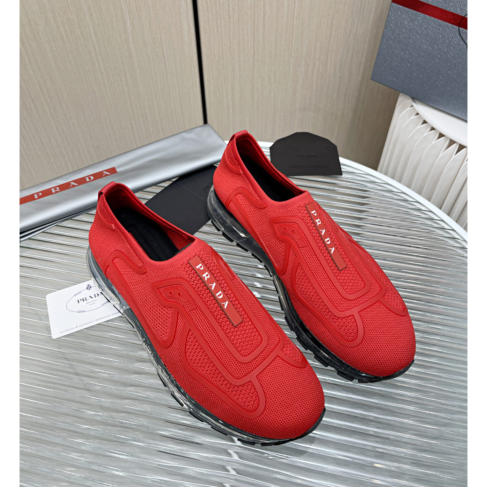 Prada Logo Sneakers In Red - DesignerGu